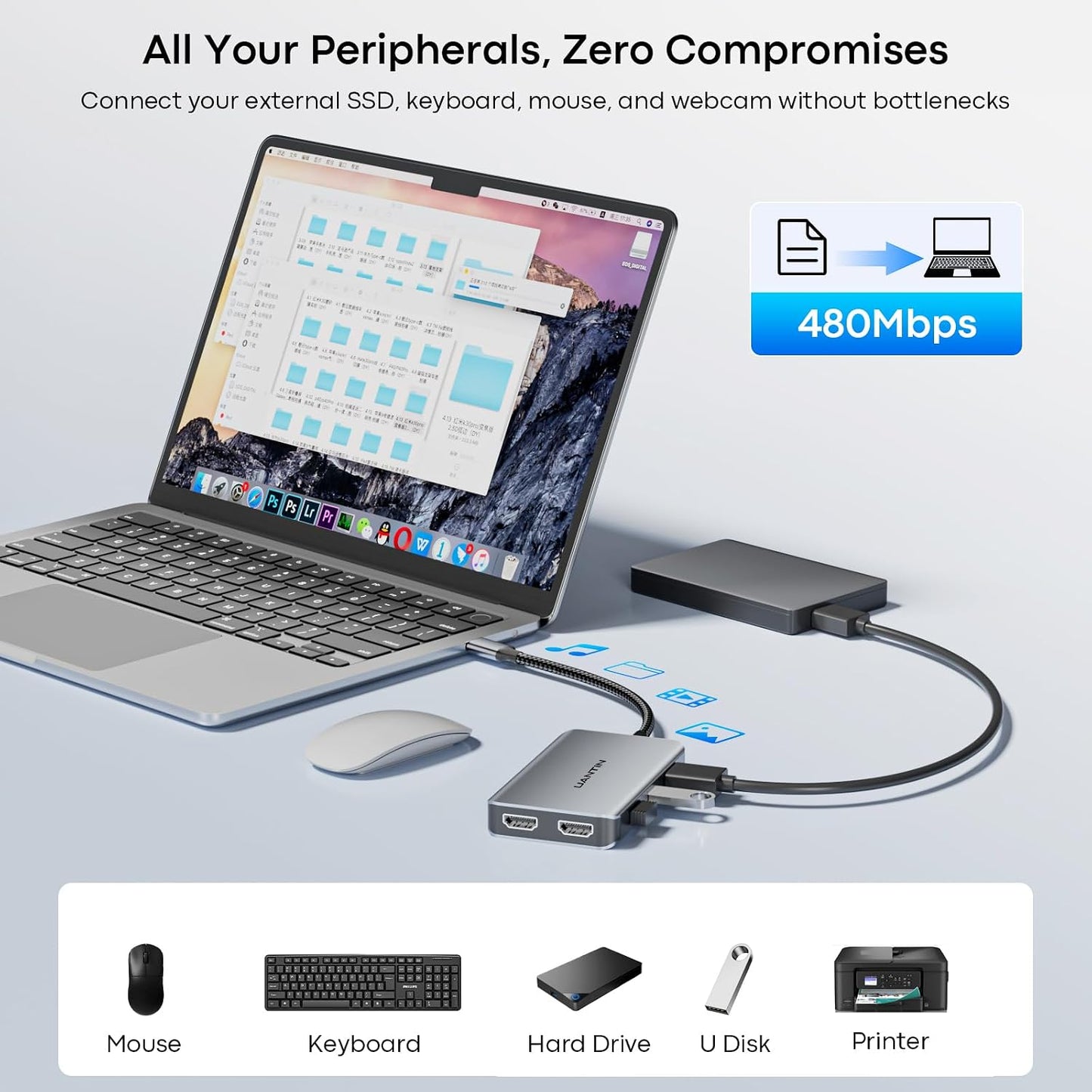 UANTIN 6-in-1 USB C Hub, Type C to Dual HDMI Adapter 4K@60Hz | HDMI Splitter Extended Display for Dual Monitor with 100W PD, USB 2.0, Dual HDMI Adapter for USBC Devices with DP Alt Mode