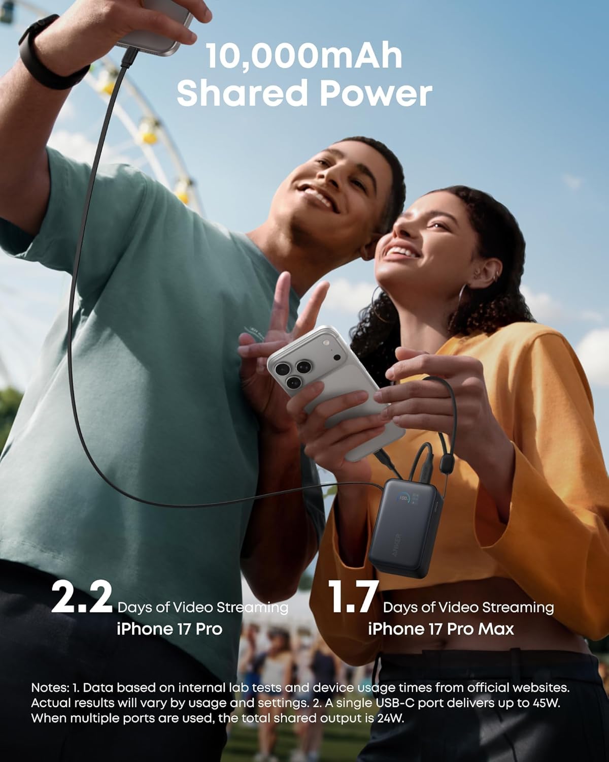 Anker Nano Power Bank, 45W 10,000mAh Portable Charger, iPhone Battery Pack | Built-In Retractable USB-C Cable, for iPhone 17 / 16 Series, iPad, Galaxy, Pixel, and More, Compact Travel Design