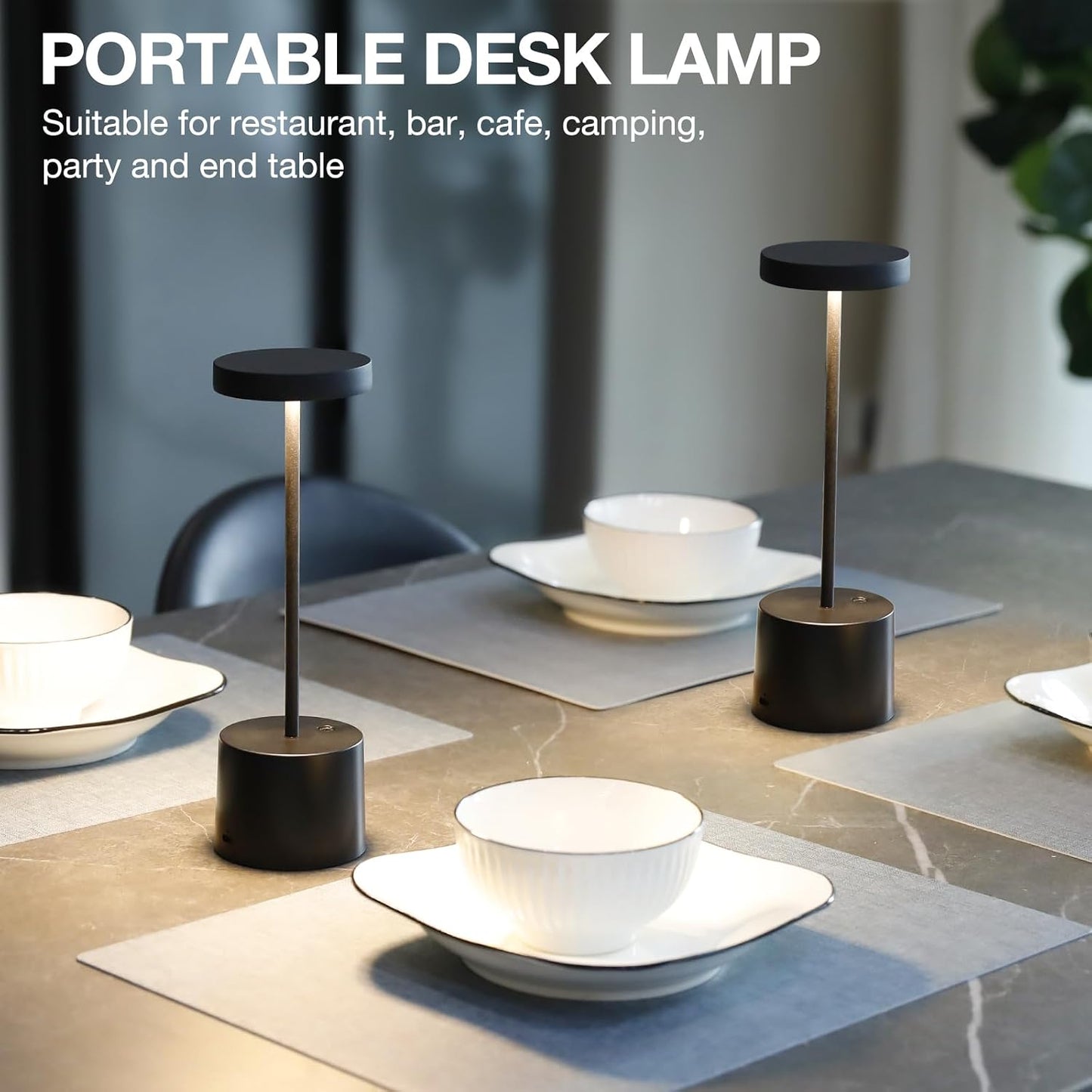 Rechargeable Cordless Table Lamp, 4000mAh Battery Operated, Black, 2 Pack | Wireless LED Lamp, 3 Color Modes, Stepless Dimming, for Dining Room, Bedroom, Bar, Cafe, Restaurant, Outdoor Patio, Camping