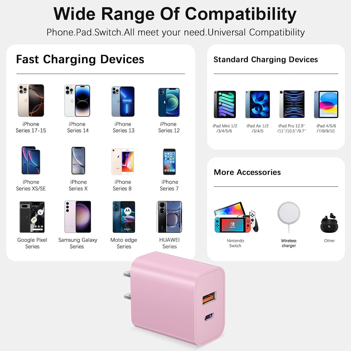 iPhone 17 16 15 Charger Fast Charging USB C Charger Block Type C Chargers Charging Block with 3 Pack 10FT Cable for iPhone 17/17 Plus/17 Pro Max/16/16 Plus/16 Pro Max/15 Pro Max/iPad Pro(Pink