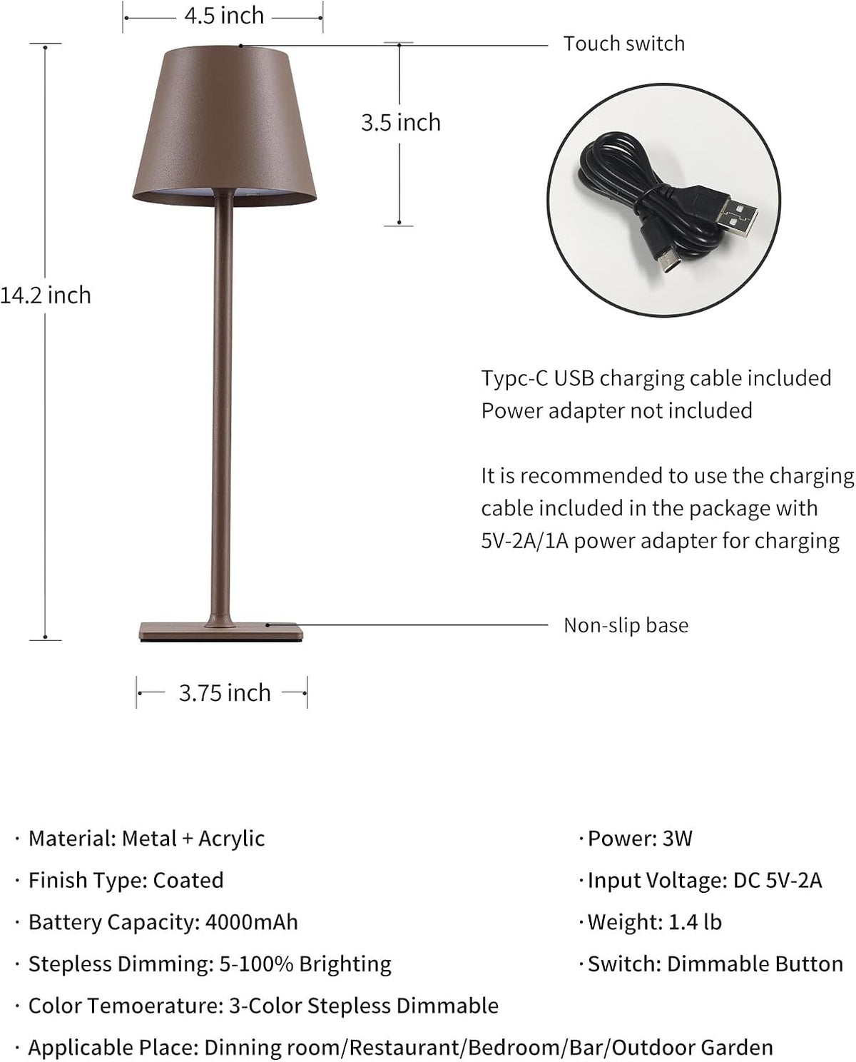 KDG 2 Pack Cordless Brown Table Lamps, Rechargeable Portable LED Desk Lamps | 4000mAh Battery Operated 3 Color Stepless Dimming Up for Restaurant, Bedroom, Outdoor Party, Camping, Coffee Shop, Nightlight