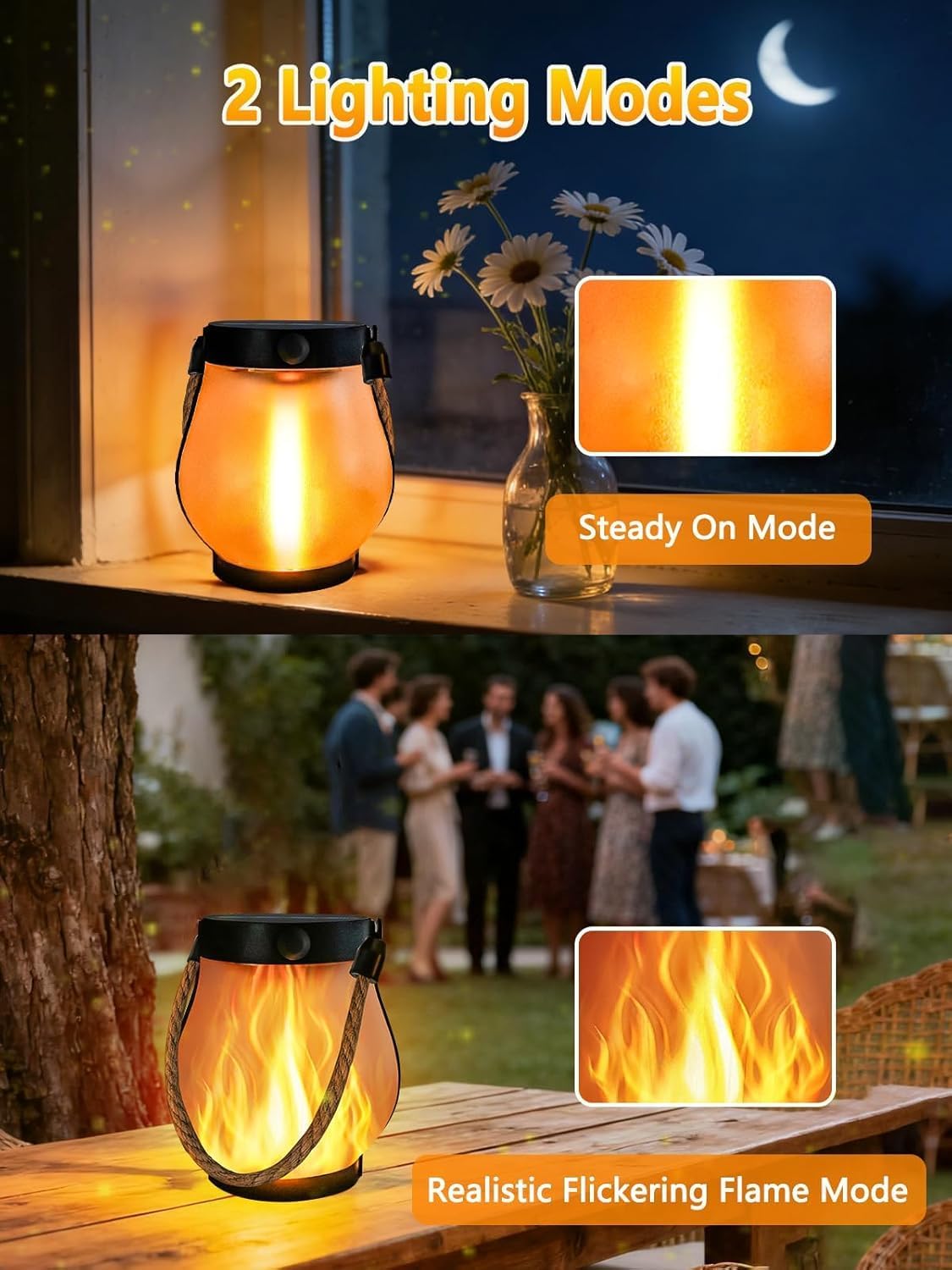 4 Pack Gen2 Solar Lanterns Outdoor Waterproof Hanging Solar Flame Lights | USB & Solar Charging, 2 Modes, Auto ON/OFF, IP65 Waterproof, Hemp Rope Handle, Indoor Outdoor for Garden Tree Tabletop Decor