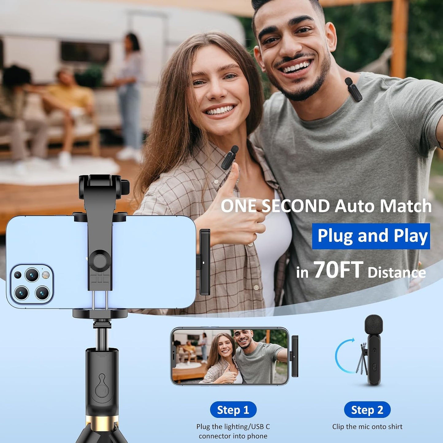 Ecomxia 2 Pcs Wireless Lavalier Microphone for iPhone iPad Android with Charging Case 7H Clip on Lapel Microphone Wireless for Video Recording Vlogging, YouTube, Interview, 3 Mode Denoise, 70ft