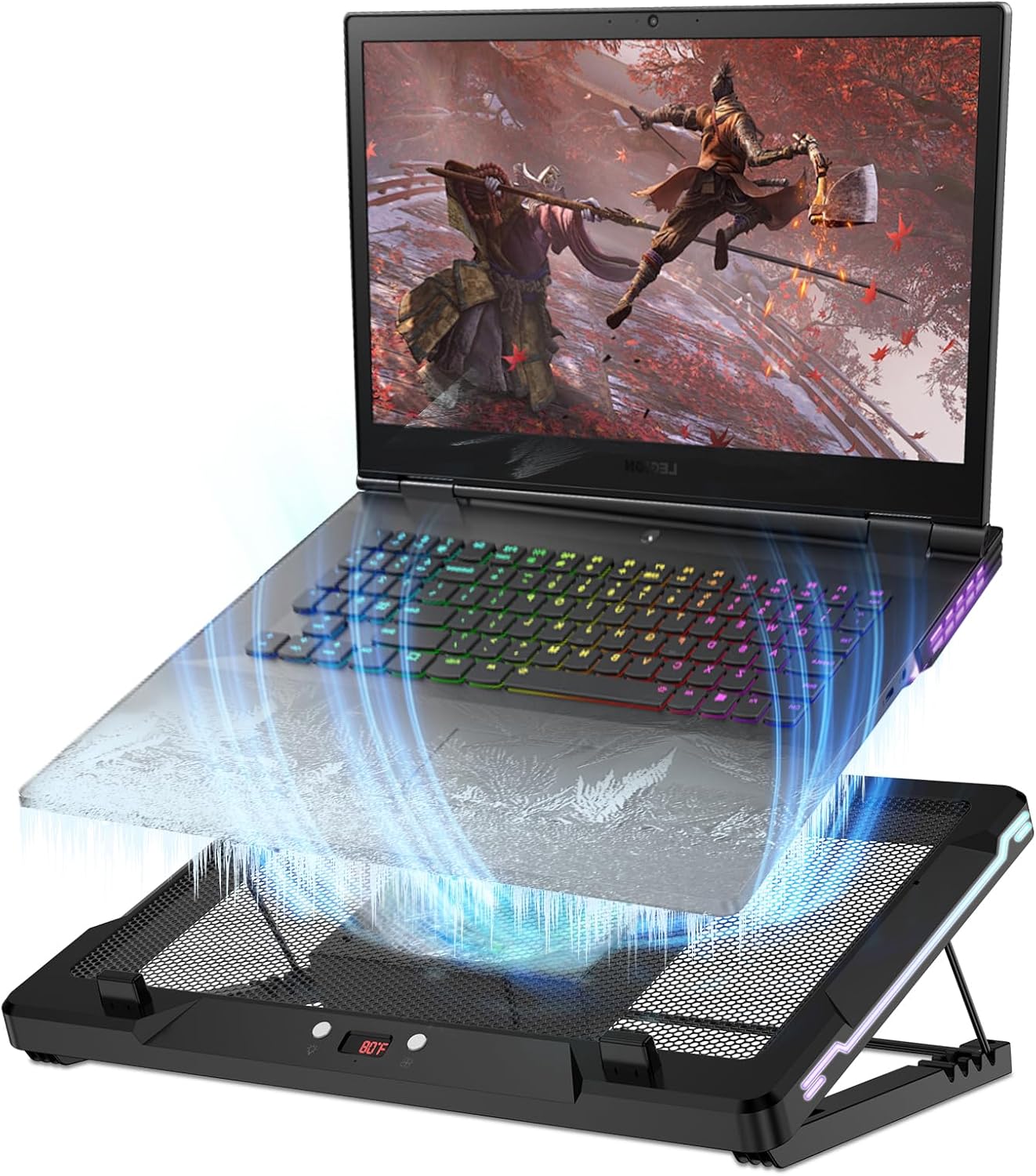 DEPGI Laptop Cooling Pad, Laptop Cooler Stand with 5.5" Movable Fan Easy to Clean, Auto Temp Sensor & 3-Speed Manual Control, Ultra Quiet ≤40dB for 14–17.3 Inch Laptops，Black