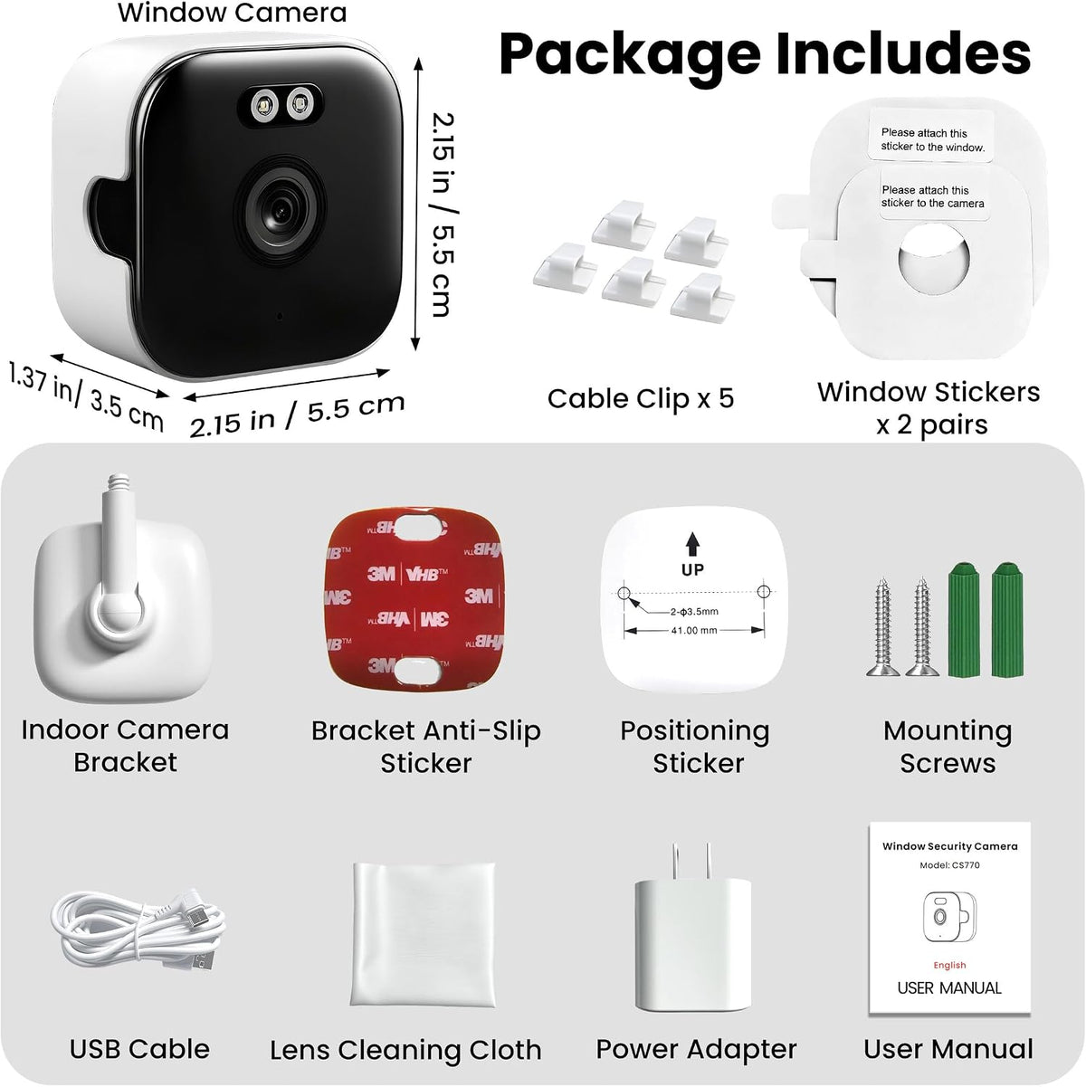 vebiliki 2026 Upgraded 2K Window Camera with 32GB Memory Card, 5GHz & 2.4GHz WiFi Indoor Security Camera with Starlight Color Night Vision, AI Person & Motion Detection, Easy Install, 24/7 Recording