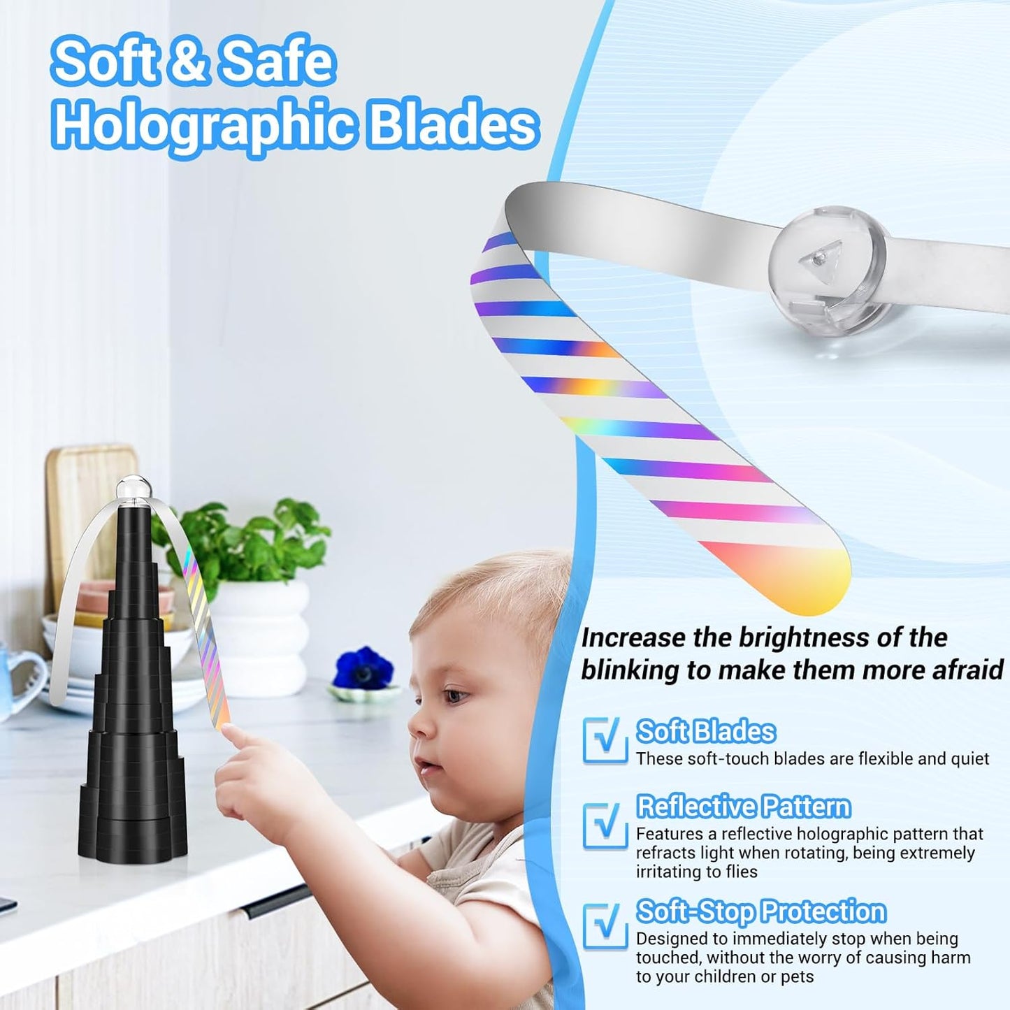Fly Fans for Tables, Rechargeable Food Fans Outdoor&Indoor Dining, 4-Pack | Table Top Fly Fans, Soft Holographic Blades Table Fly Spinners, Picnic, BBQ, Party Use, Fly Swatter Fan Soundless, Cordless