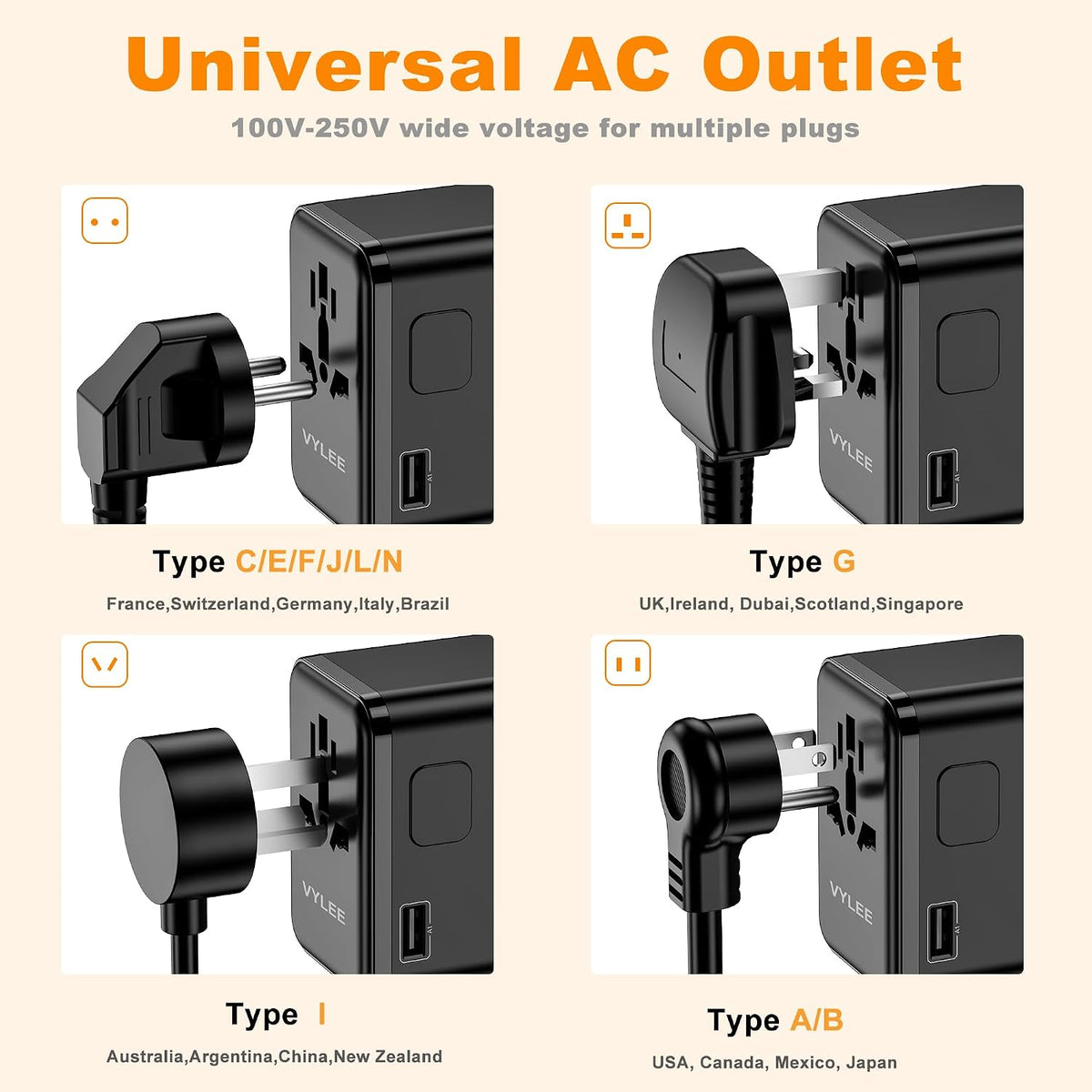 VYLEE 70W GaN International Travel Adapter, Universal Travel Adapter | 3 USB-C & 1 USB-A Ports, Worldwide Wall Charger for US to Europe, UK, Ireland, AU, Asia, Works in 200+ Countries