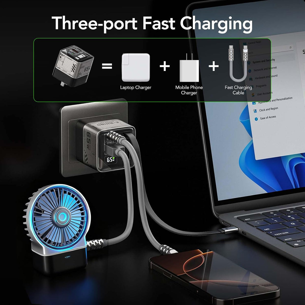65W GaN Retractable USB-C Wall Charger, Space Silver | Built-in 2.6ft Retractable USB-C Cable, Digital Display, USB-C & USB-A Charger Block, Foldable Plug, For MacBook, iPad, Phone