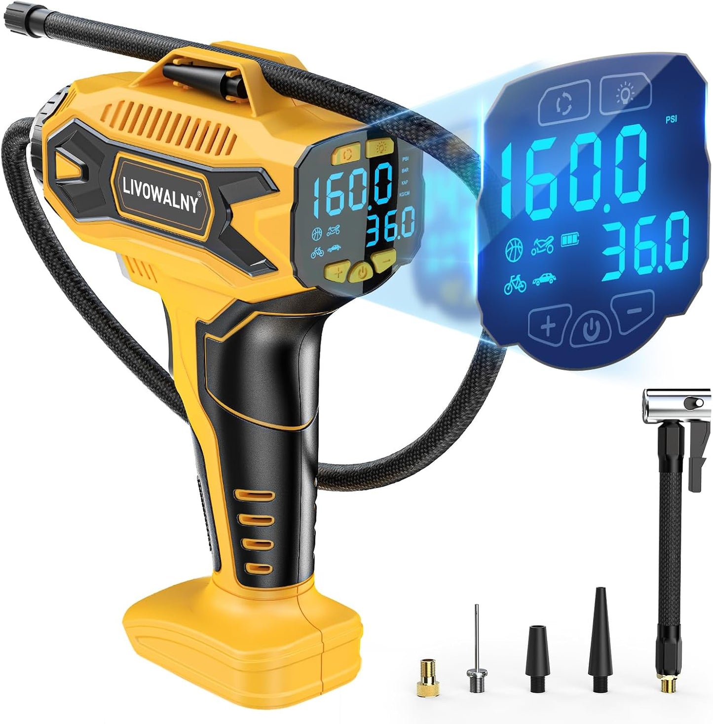 Tire Inflator Air Compressor Compatible with DeWalt 20V Battery Power, LIVOWALNY 160PSI Cordless Portable Electric Air Pump with Digital Pressure Gauge for Car Motorcycles Bike Ball Auto (Tool Only)