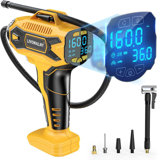 Tire Inflator Air Compressor Compatible with DeWalt 20V Battery Power, LIVOWALNY 160PSI Cordless Portable Electric Air Pump with Digital Pressure Gauge for Car Motorcycles Bike Ball Auto (Tool Only)