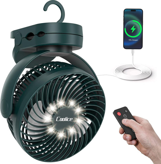Camping Fan with Remote Control - 12000mAh Rechargeable Battery Powered Fan, Camping Fans for Tents with LED light & Hanging Hook, Rechargeable Battery Operated Ceiling Fans for Tent RV Bed, Green