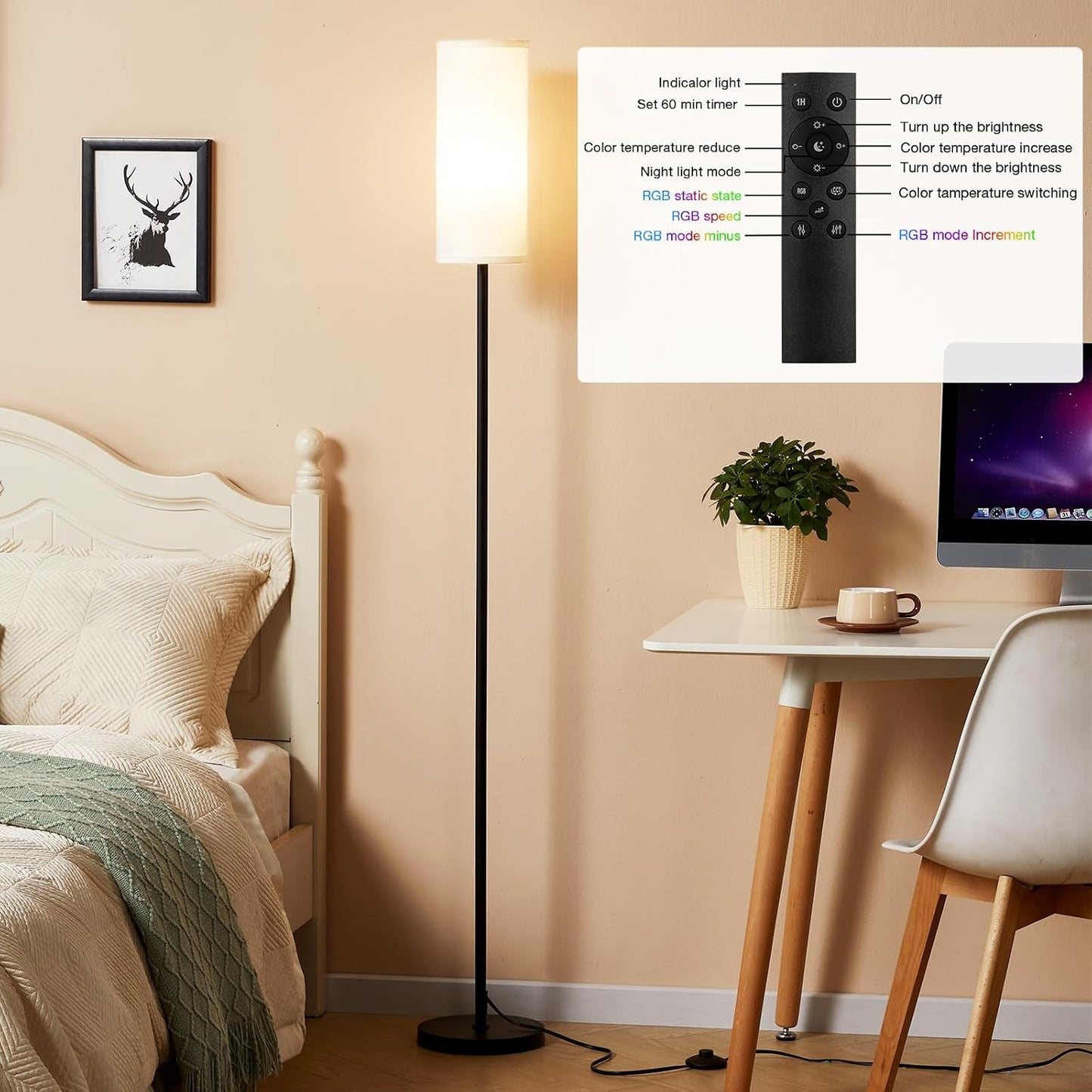 64'' Floor Lamps for Living Room with Remote Control and RGB + Stepless Dimmable Colors Temperature & Brightness, 9W Smart Bulb Included(White Shade & Black Pole)