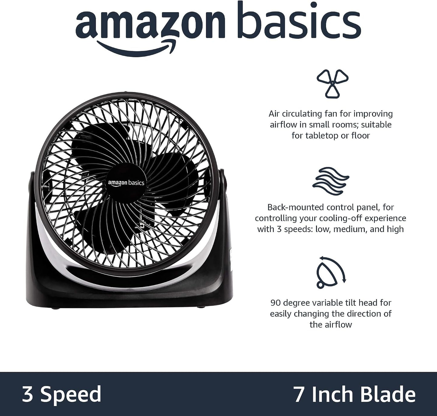 Amazon Basics Air Circulator Desk Fan for Bedroom, Home and Office, 90-Degree Tilt Head, 3 Speed Settings, Cooling, 35 Watts, Black, 11.1"W x 6.3"D x 10.9"H
