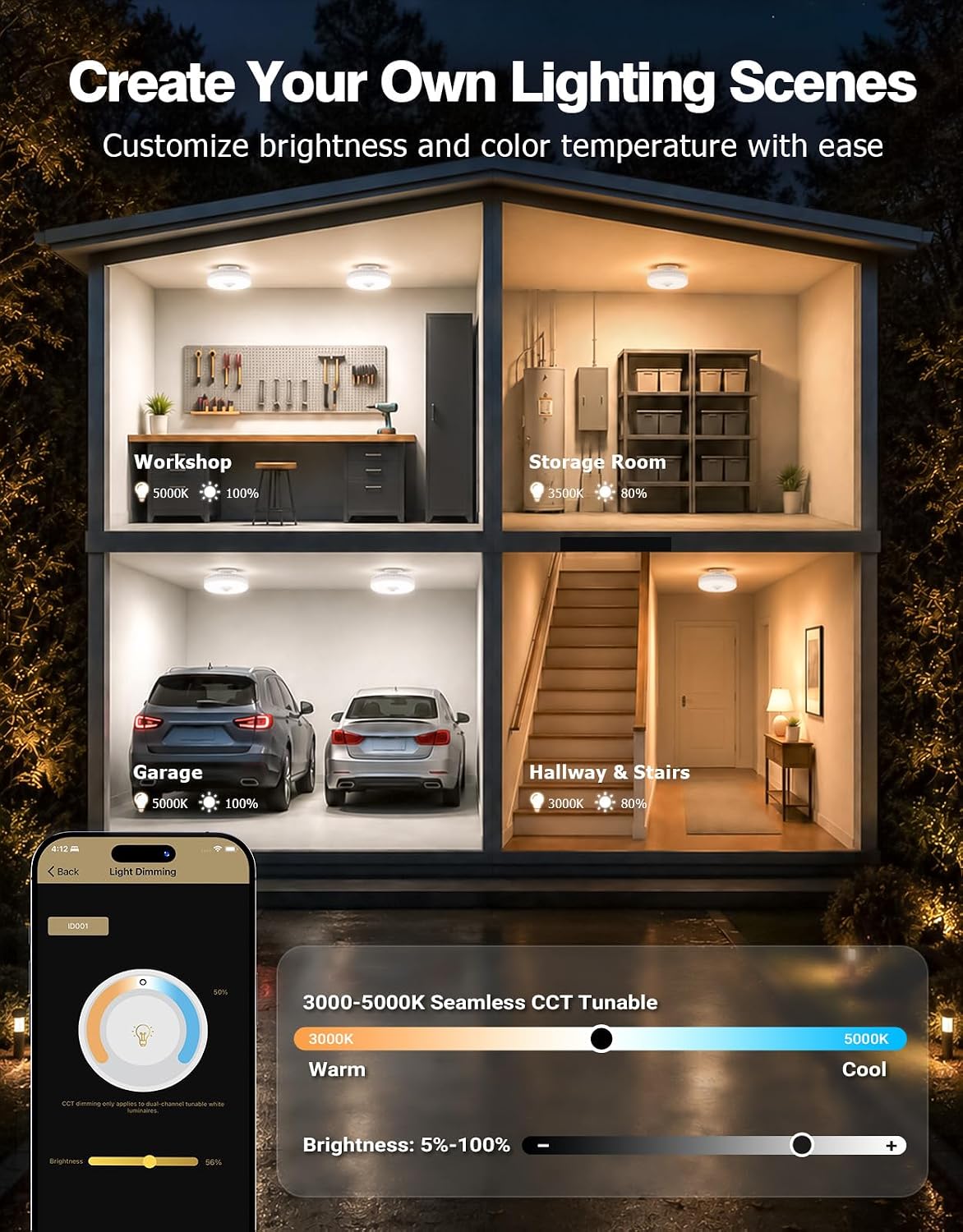 LED Garage Lights, Screw in E26 Smart Light Bulbs 120-277V 1900LM