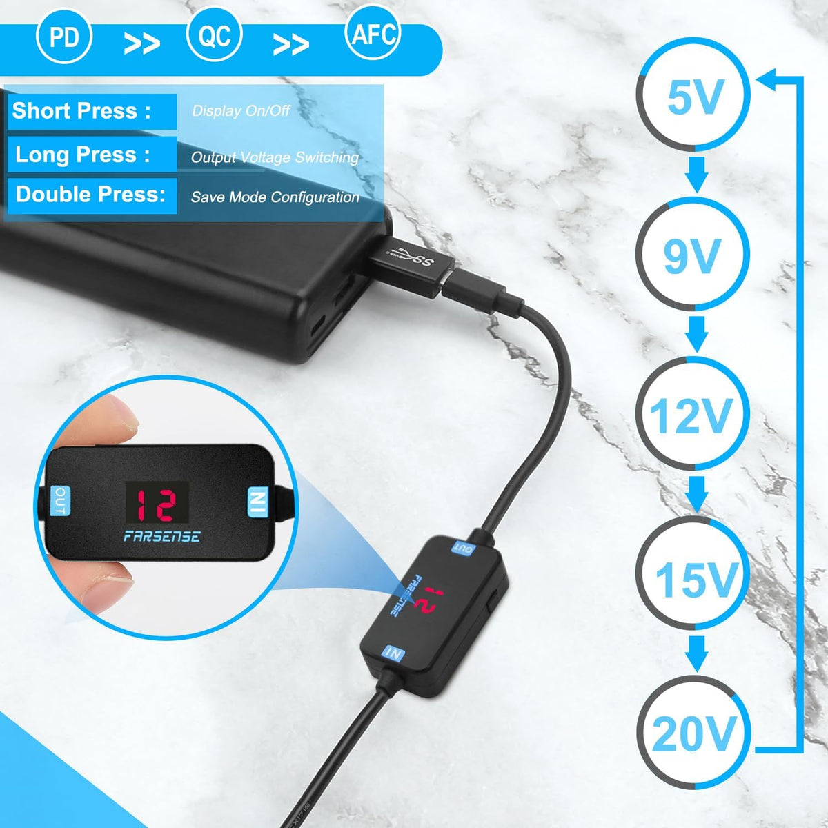 FARSENSE USB A to 12V Cigarette Lighter Adapter(36W)-USB C Male to Cigarette Lighter Female Socket PD Trigger Cable(2FT) with Switching Voltage and Display Voltage,for Dash Cam,GPS,Etc