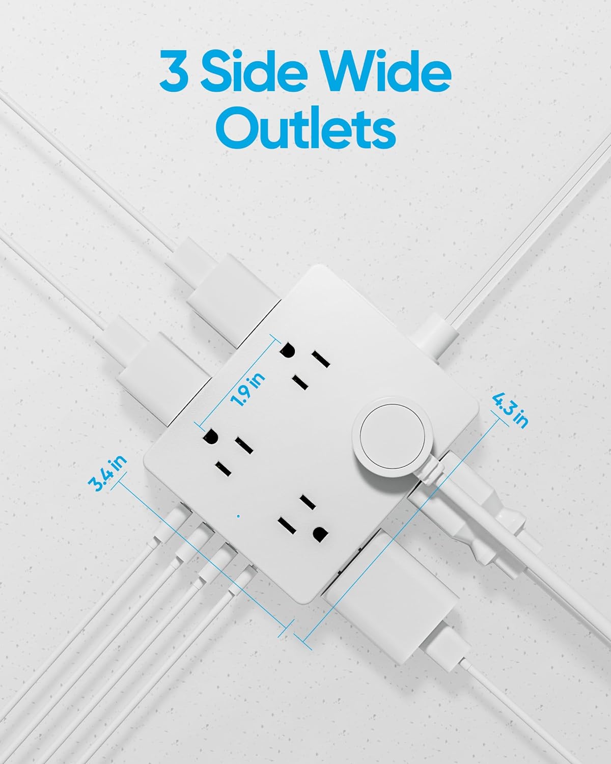 Olcorife Flat Plug Power Strip with 10 FT Extension Cord, 8 Outlets 4 USB Ports(1 USB C), 3 Sided Outlet Extender for Home Office Travel Dorm Room Essentials, White