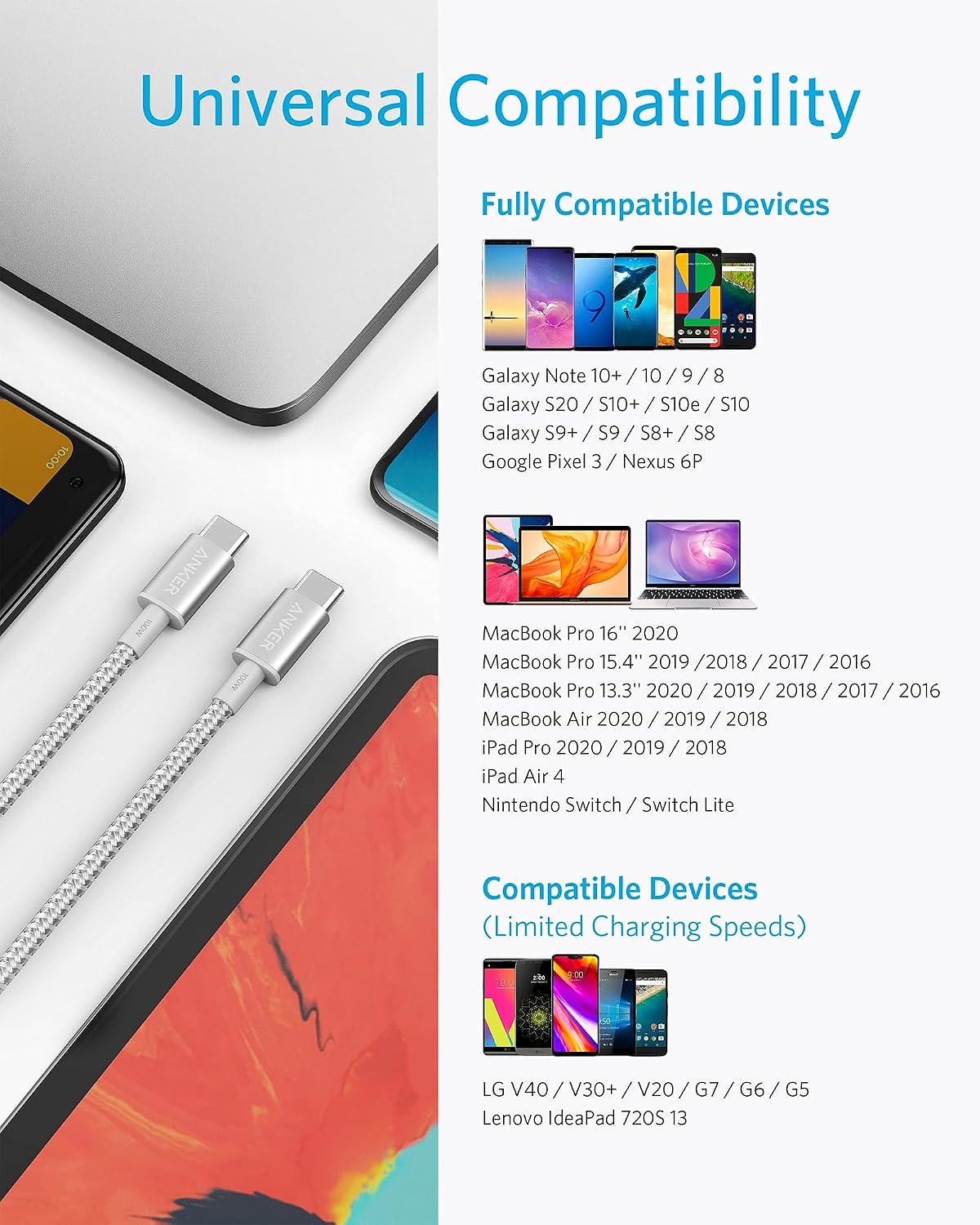 Anker USB C to USB C Cable, 100W Fast Charging Cable(1-Pack, 10 ft, Silver) | For iPhone 17 / 17 Pro, MacBook, and More