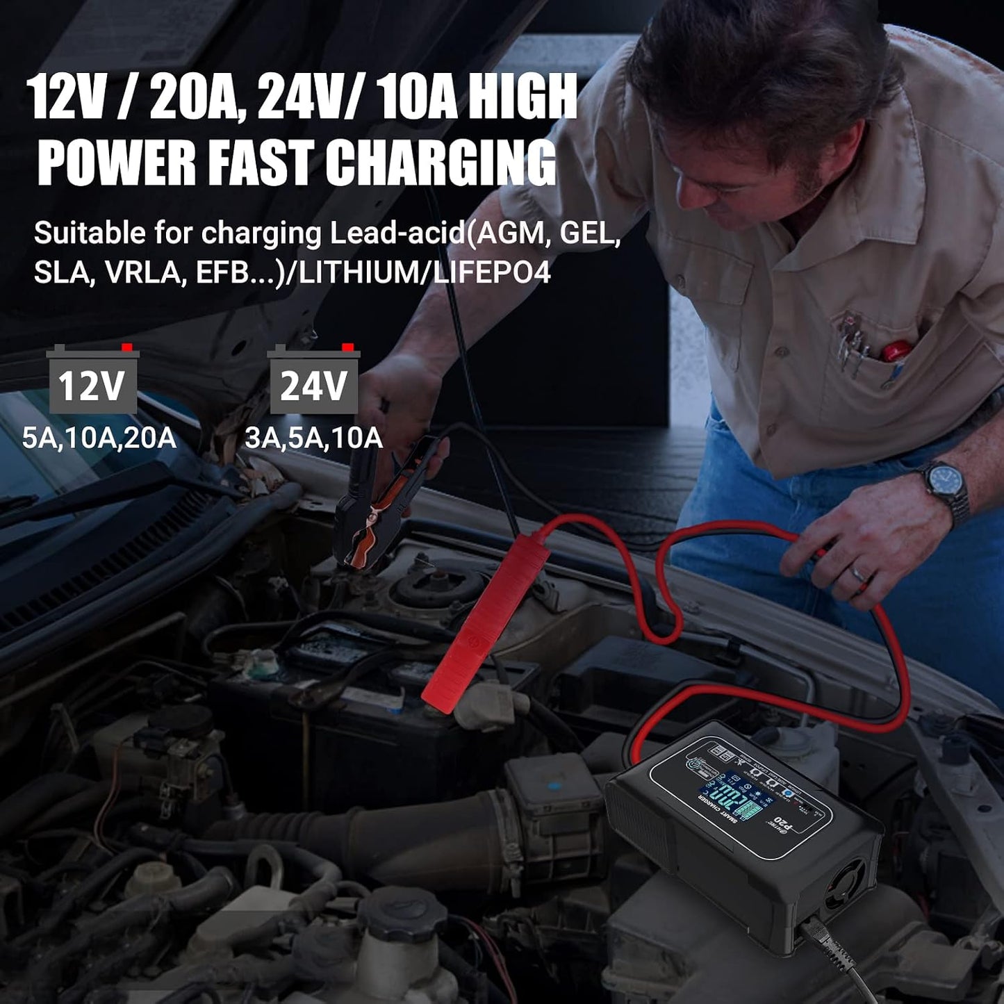 20-Amp Smart Battery Charger,Lithium,LiFePO4,Lead-Acid(AGM/Gel/SLA..) Car Battery Charger,Trickle Charger, Maintainer/deep Cycle Charger,12V/20A and 24V/10A,for Boat,Motorcycle,Lawn Mower,Golf cart..