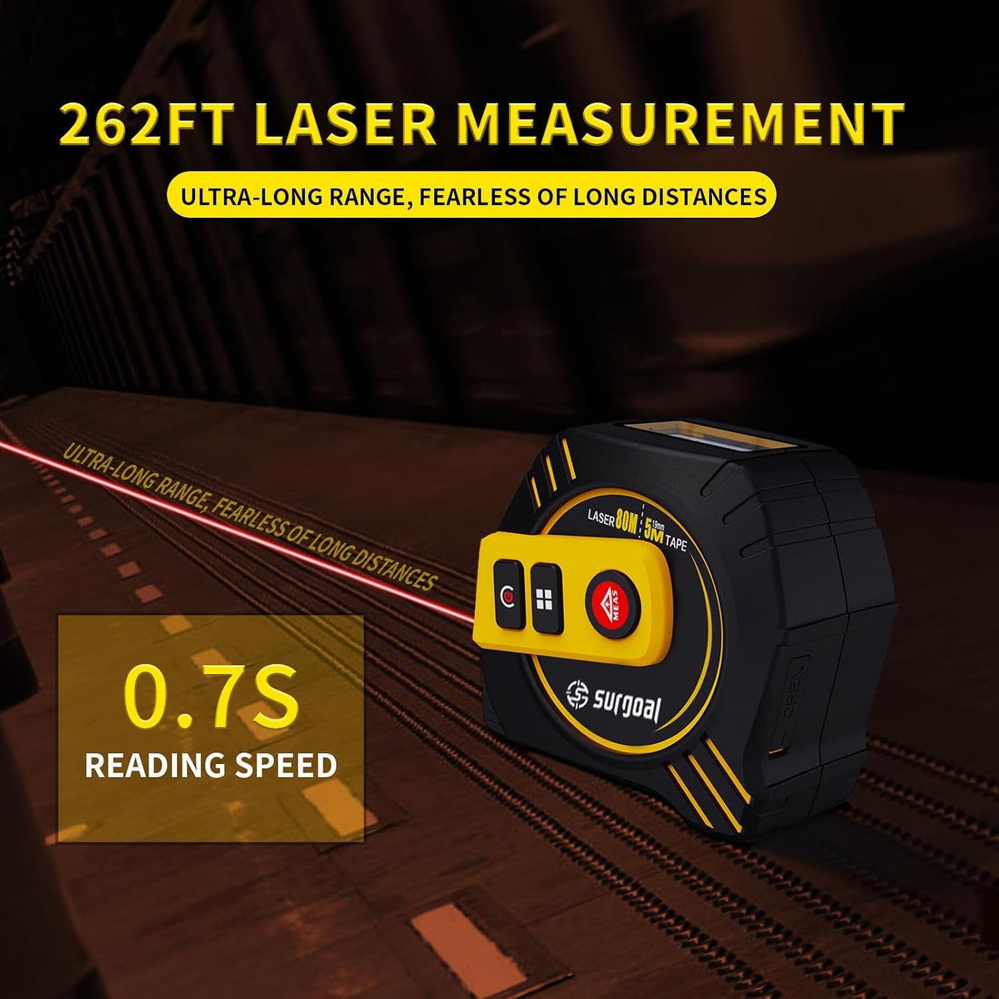 2-in-1 Laser Tape Measure USB-C Recharge 262Ft Laser & 16Ft Tape Red-Beam | Digital Tape with Laser, Magnetic Hook, Area / Volume / Pythagorean, Ft/In/Ft+In/M, Front/Back Reference Home DIY Woodworking