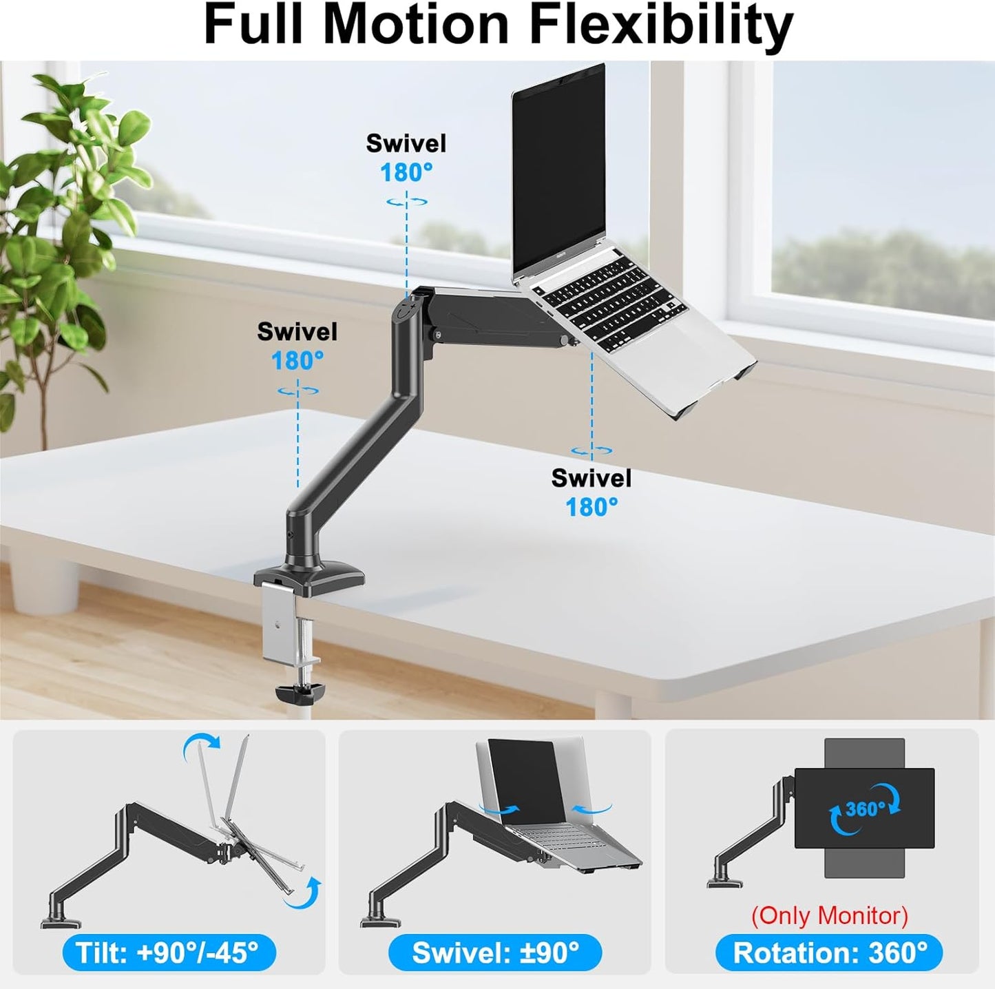 Laptop Stand Desk Mount, 2 in 1 Function, Single Monitor Mount | Fits Max 17" Notebook and 32" Computer Screen, Gas Spring Arm with Laptop Tray, Holds up to 17.6lbs