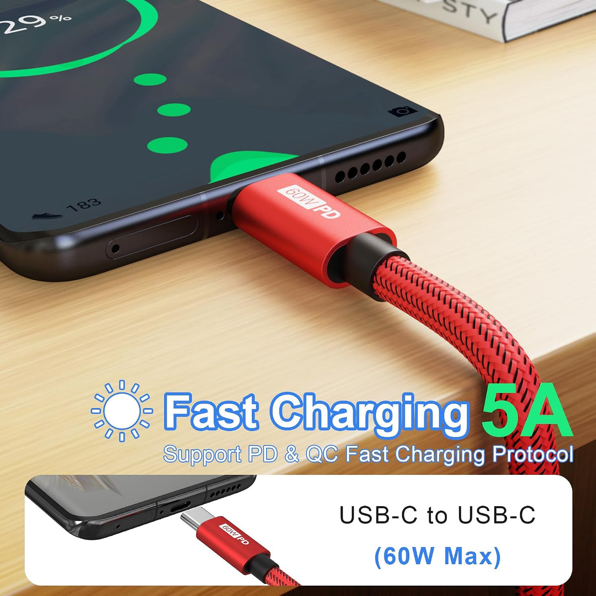 Bynccea 4-Pack USB C to USB C Cable 10ft C to C Cable Fast Charging C Cable, 60W(5A) Nylon Braided Type C Cables for Phone 17/16/15 Series Samsung S24/23