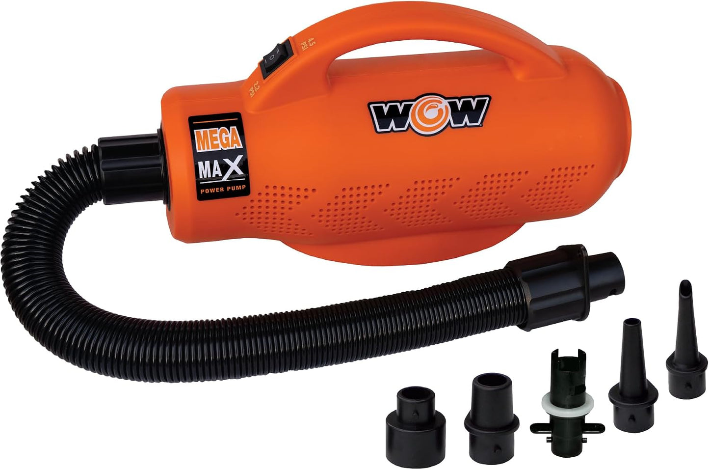 WOW Sports 120V AC Electric Pump - 600 L/min Air Inflator - 5 Adapters | A 120V AC air pump for towables, pool floats, and air mattresses. 600 L/min; adapters for Boston, pinch, and standard valves.