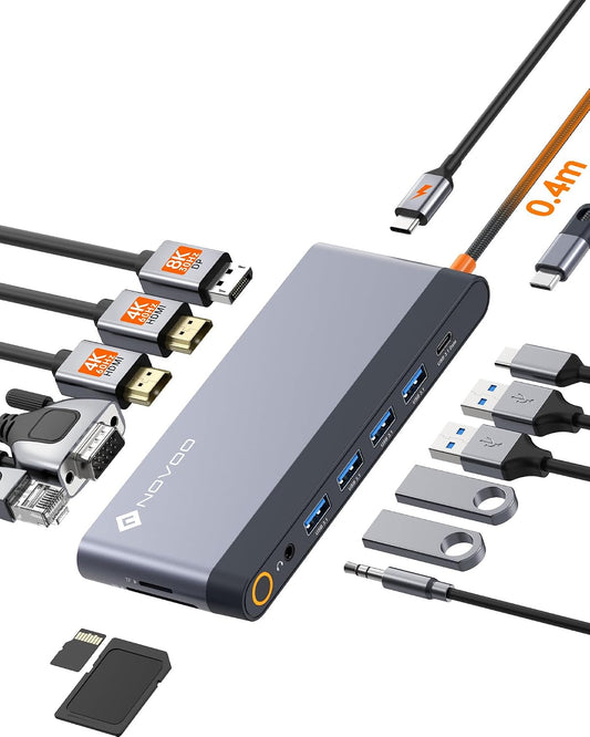 USB C Docking Station Quad Display, 14-in-1 Laptop Docking Station Dual Monitor, 8K@30Hz DP, Dual 4K@60Hz HDMI, VGA, 5 USB Data Ports, 100W PD, Ethernet, SD/TF, Mic/Audio, USB C HUB, Thunderbolt Dock