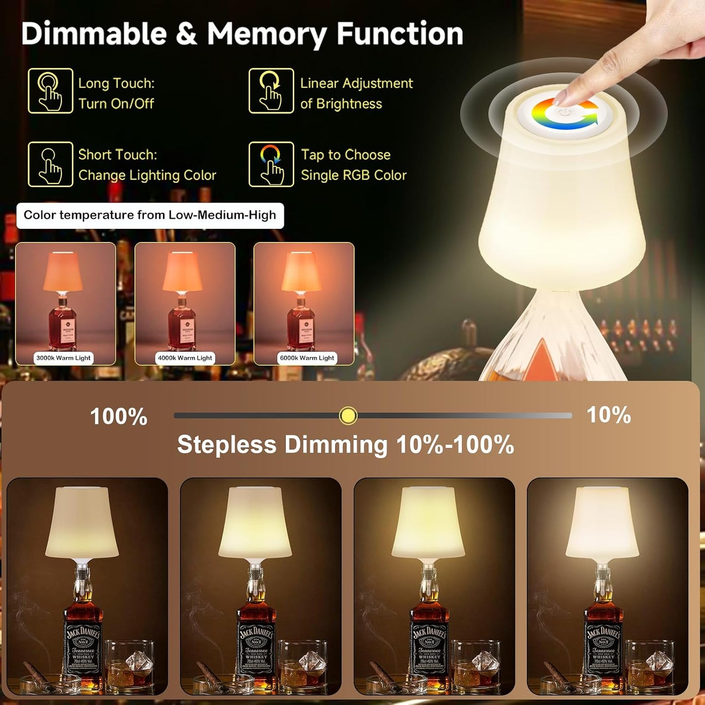 2Pack Wireless Wine Bottle Lamp Dimmable Rechargeable 3 Color&RGB LED Bottle Lights for Liquor & Wine Bottles Touch Control Battery Operated LED Lamp ABS Cordless Lampshade (2, Wine Bottle RGB)