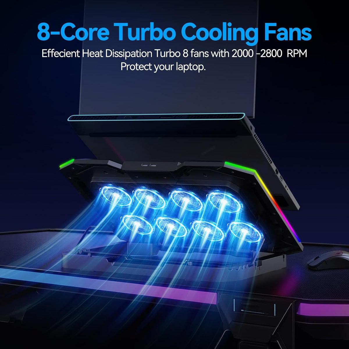 Gaming Laptop Cooling Pad with 8 Cooling Fans, Laptop Fan Cooler Pad for 15-17.3 Inch, Notebook Cooler Stand with 6 Height Adjustable, RGB Cooling Pad with Two USB Port + Phone Stand