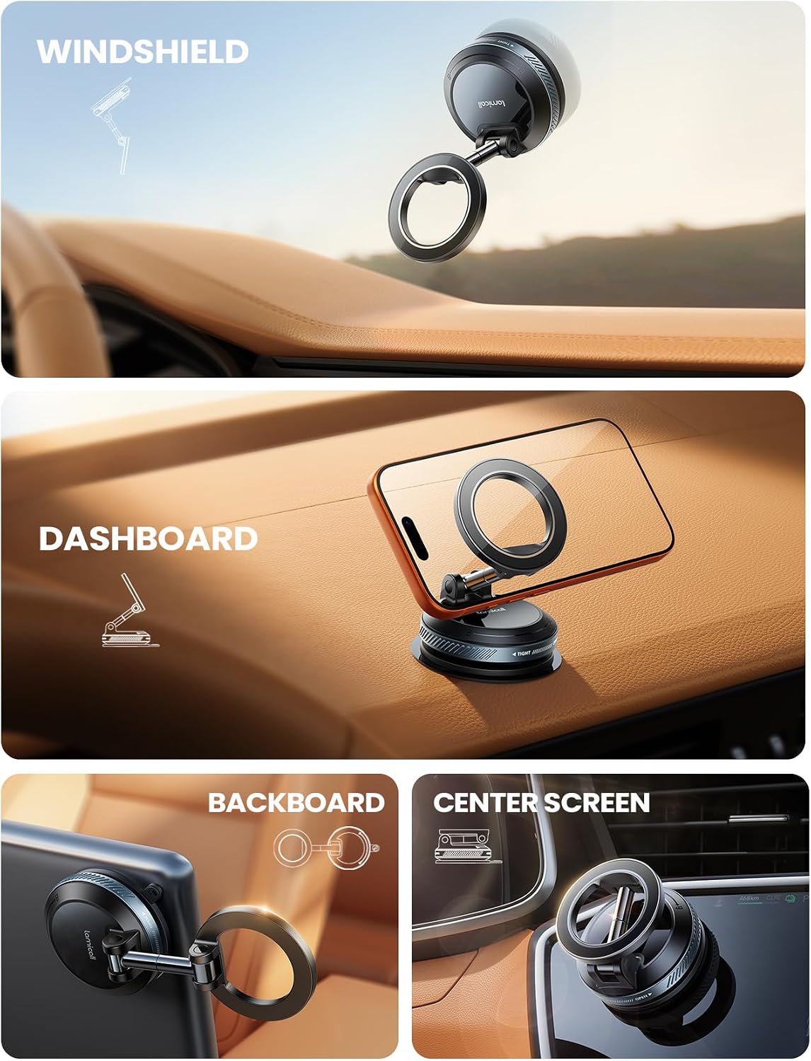 Lamicall Car Phone Holder for Magsafe Dashboard Windshield Nano Gel Vacuum | 20X Magnetic Phone Holders for Your Car 360° Suction Cup Phone Mount for iPhone 17 16 15 14 13 12 Pro Max Gift Truck Black