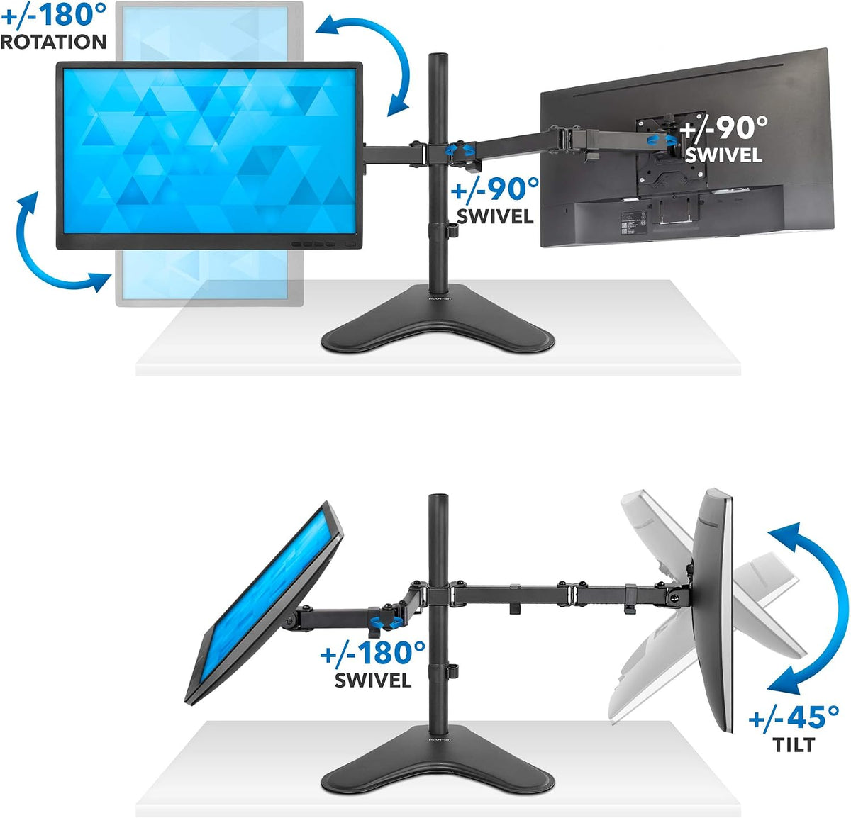 Mount-It! Dual Monitor Stand for Desk - Double Monitor Mount for 2 Screens up to 32 Inch and 17 Lbs - Free-Standing Base Swivel, Tilt, Rotates 360 Adjustable Arms - VESA Compatible High Grade Steel