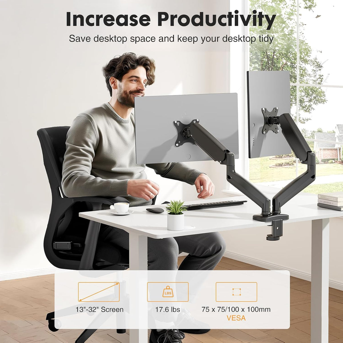 DUMOS Dual Monitor Mount for Desk, Gas Spring Monitor Arm for 2 Monitors Max 32 Inches, Fully Adjustable Double VESA Mount with C-Clamp/Grommet Base, Holds Screen 17.6 lbs