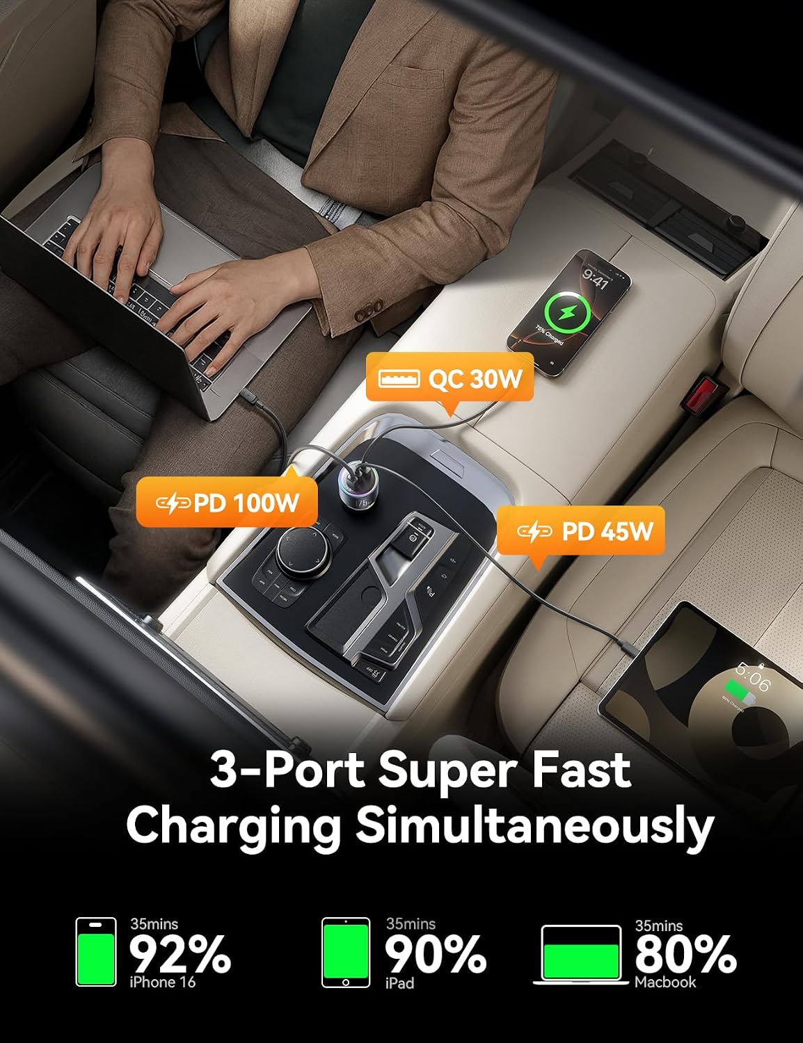 JOYROOM 175W Car Charger USB C Fast Charge 3-Port Cigarette Lighter Charger | GaN Super Fast Car Charger, PD100W+PD45W+QC30W, Heat Dissipation, Ultra Safe, Soft LED Ambient Light, 4ft 100W Cable Included