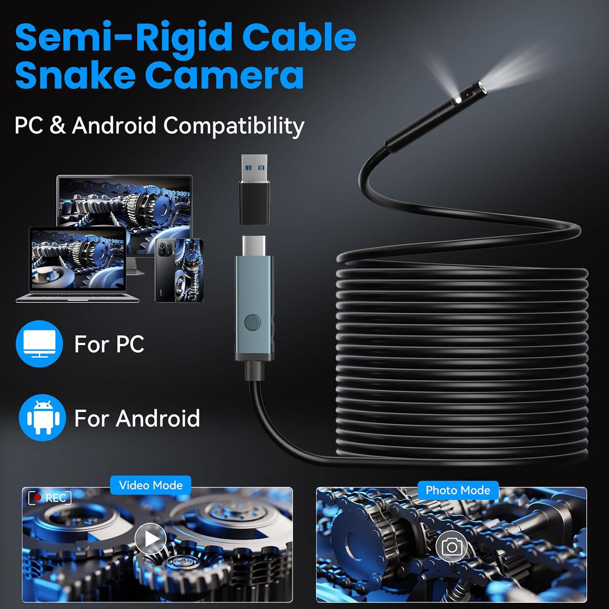 KIRFEIHT Endoscope Camera with Light, Dual Lens Borescope Camera with Light | IP67 Waterproof Inspection Camera with 32GB Card, 16.4FT Semi-Rigid Snake Cord, Android & PC Compatible for HVAC Automotive
