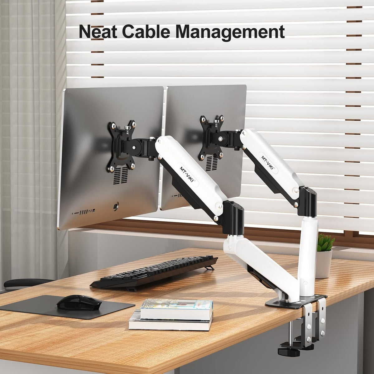 MT-VIKI Dual Monitor Stand - Gas Spring Double Monitor Arm with Quick Release VESA Plates for 2 Screens 17-32 Inch, Full Motion Articulating Desk Mount, Holds 4.4-19.8lbs