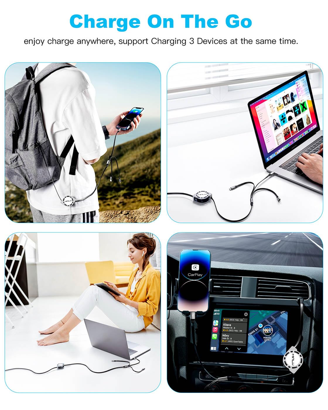 Multi Charging Cable 3A, Retractable Car Charger Cord for Multiple Devices | 3 in 1 Retractable Cable,USB C Data Sync Fast Charger Cord Adapter with Lightning/Type C/Micro USB Ports for Cell Phones 4ft