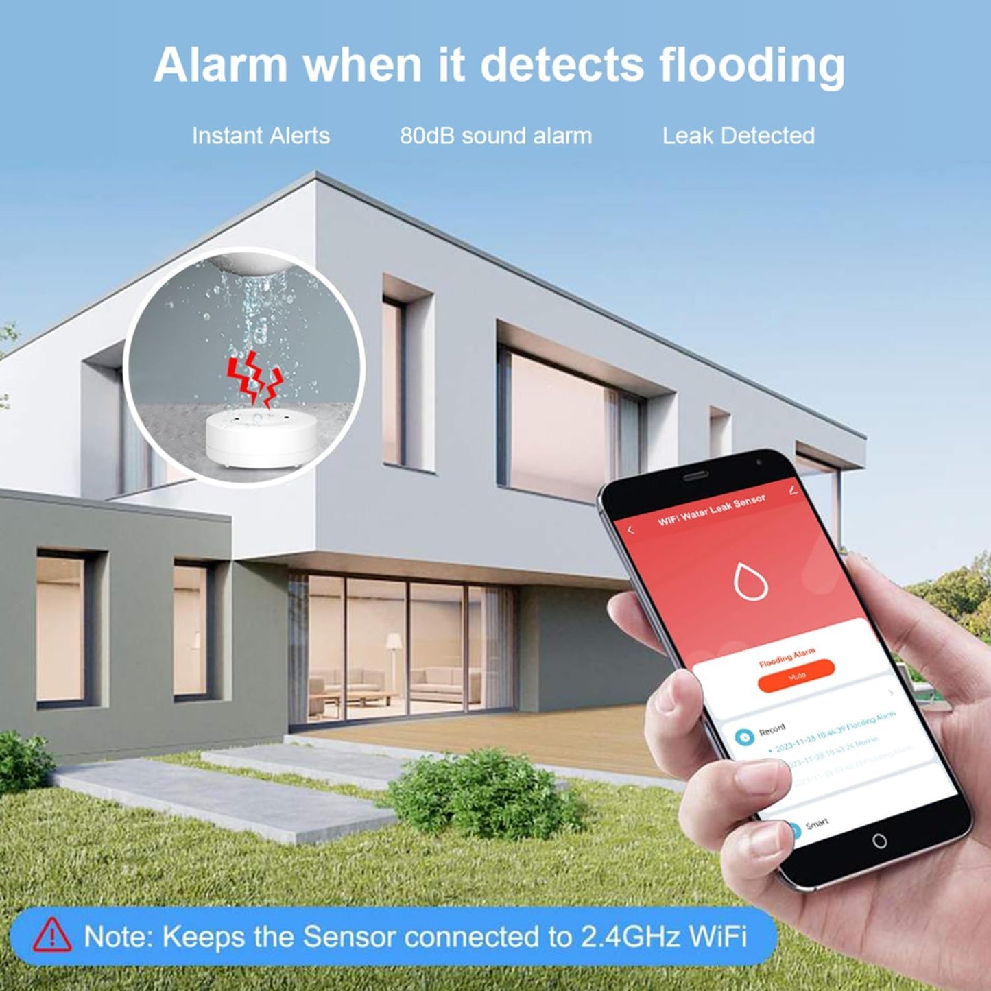 WiFi Water Ieak Detector: Smart Water Ieak Sensor with 80dB Alarm and App Alerts, Wireless Water Sensor with App Remote Control, Water Alarm for Home, Laundry, Kitchen, Basement