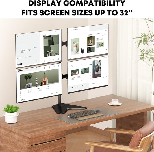 PUTORSEN Quad Monitor Stand for 4 Screens, 17-32", 19.8 lbs Each | Stacked 4-Screen Desk Mount with Full-Motion Arms, VESA 75/100, Tilt, Swivel & Rotation, Larger Base with Phone Slot, Black