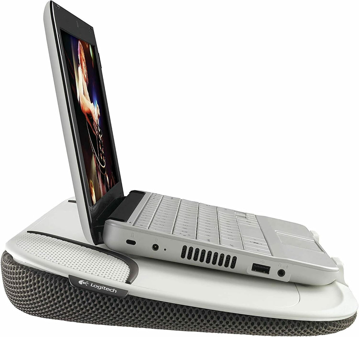 Logitech Speaker Lapdesk N550 with Integrated Stereo Speakers, USB-Powered, 14" Laptop Compatibility, Heat Shielding, Adjustable Viewing Angle, Plug-and-Play USB, Air-Mesh Fabric, W/Cleaning Cloth