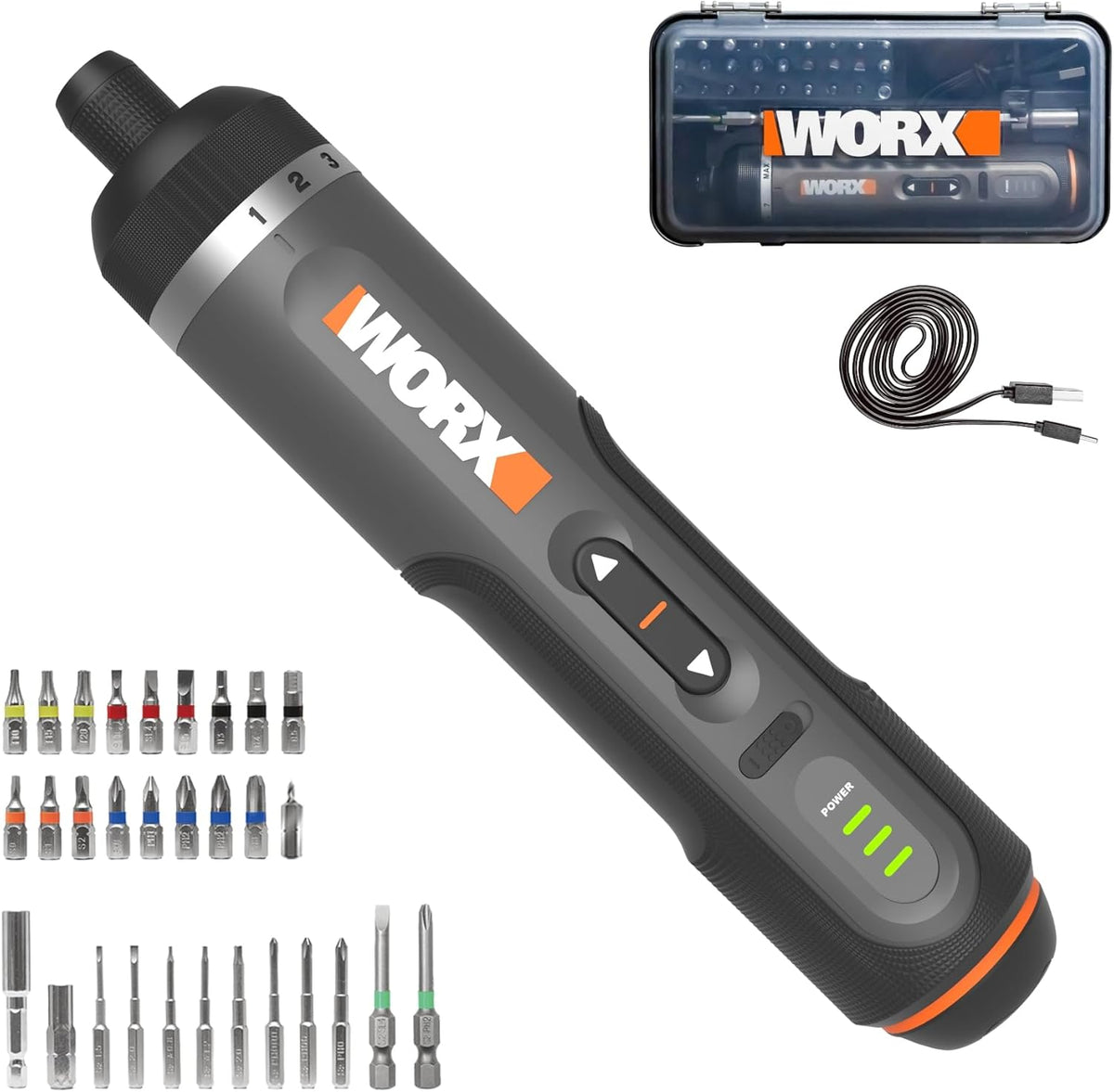 WORX Cordless Screwdriver, 4V 30-Piece Accessory Kit, WX242L | Cordless Driver with Rechargeable Battery, Black/Silver, for Home DIY, Assembly, Furniture Installation and Repairs