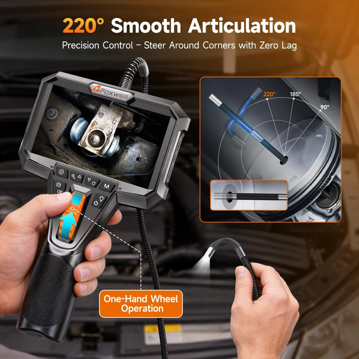 FOXWELL Y400 220° 2-Way Articulating Borescope, 0.24in Ultra-Slim Endoscope | with Light, IPS HD Screen, IP67 Waterproof Camera, 5.3FT Flexible Scope for Automotive, Engine, HVAC, Industrial Inspection