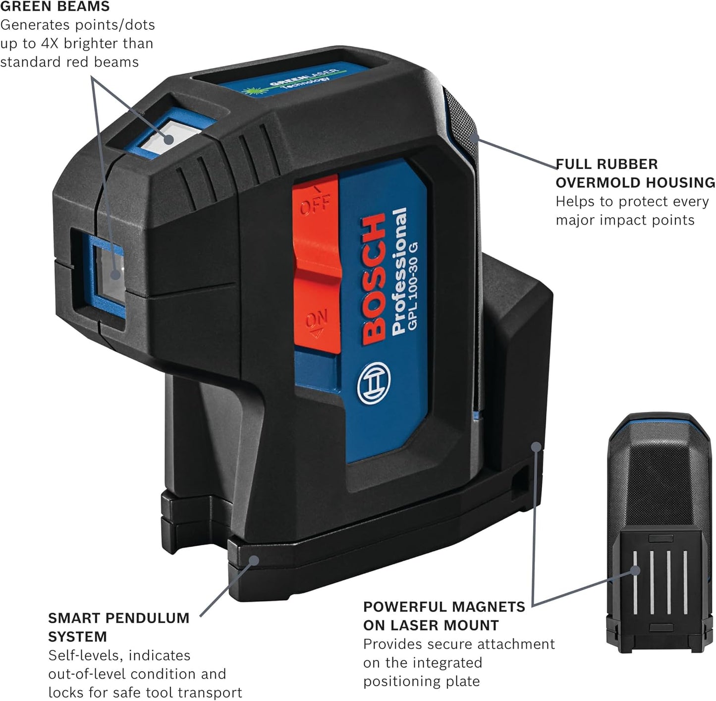 BOSCH GPL100-30G Green-Beam Self-Leveling Alignment Laser, Includes 2 AA Batteries, Built-In Multipurpose Mount, & Hard Carrying Case | Self-leveling, multipurpose mount, batteries and hard case included