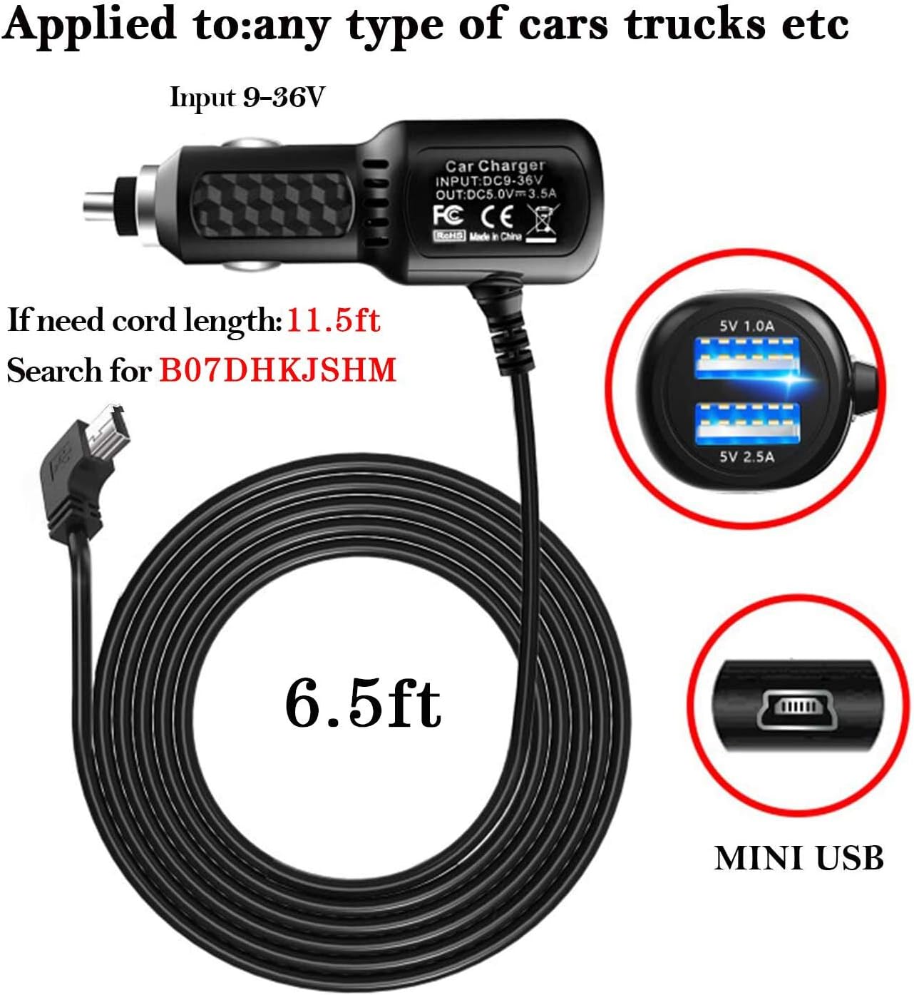Car Charger for Garmin Nuvi,Garmin GPS Charger Cable,Mini USB Power Cord | Dual Port USB Vehicle Power Charging Cable Cord for Garmi Nuvi C255 52lm Drive 50lm Nuvi 1200 Nulink 1695 DriveLuxe Dashcam