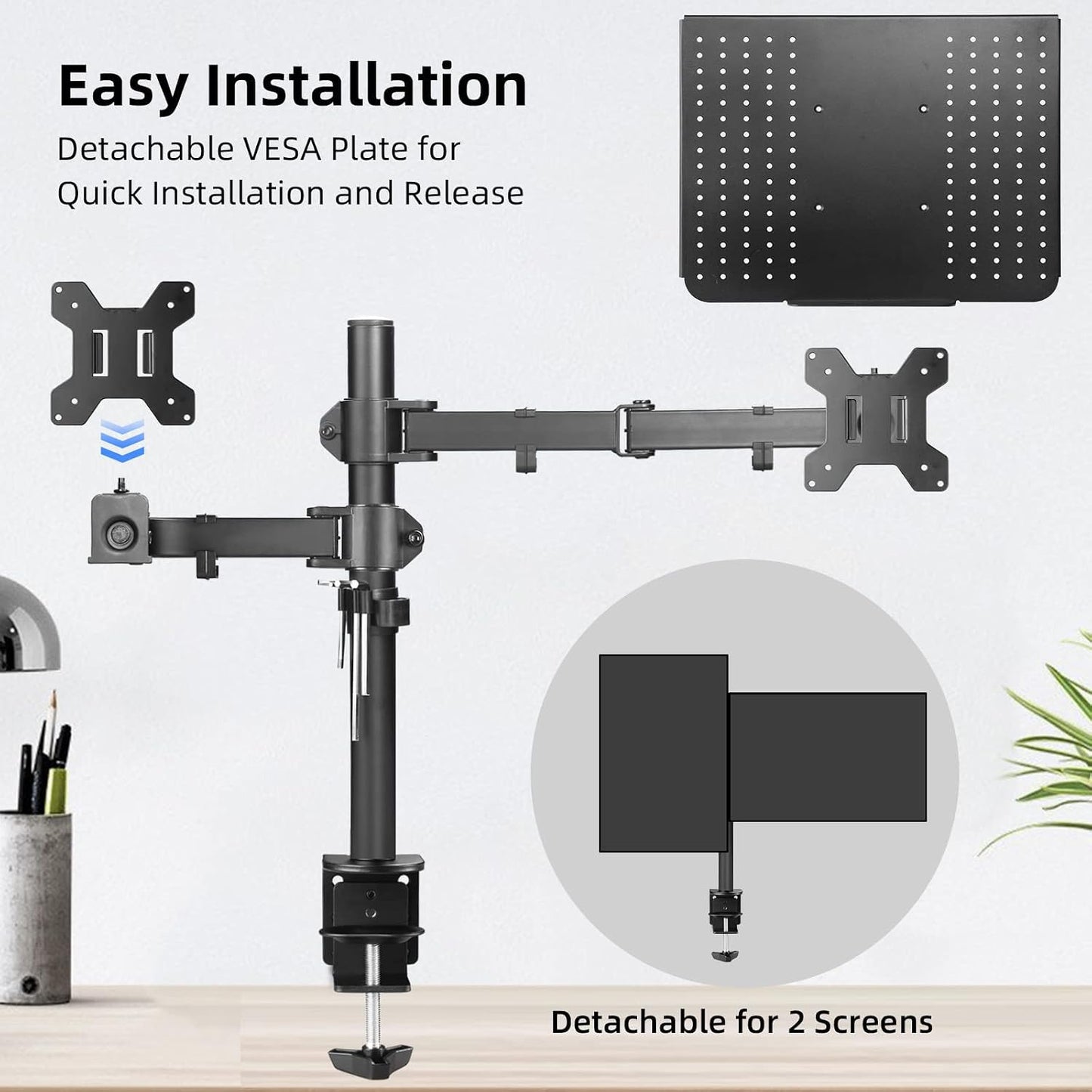 suptek Monitor and Laptop Mount Holds 13-32 inch Computer Screen, Adjustable Monitor Arm Stand with Laptop Tray for 13-27 inch, Hold 22 lbs, with Clamp and Grommet Mounting Base