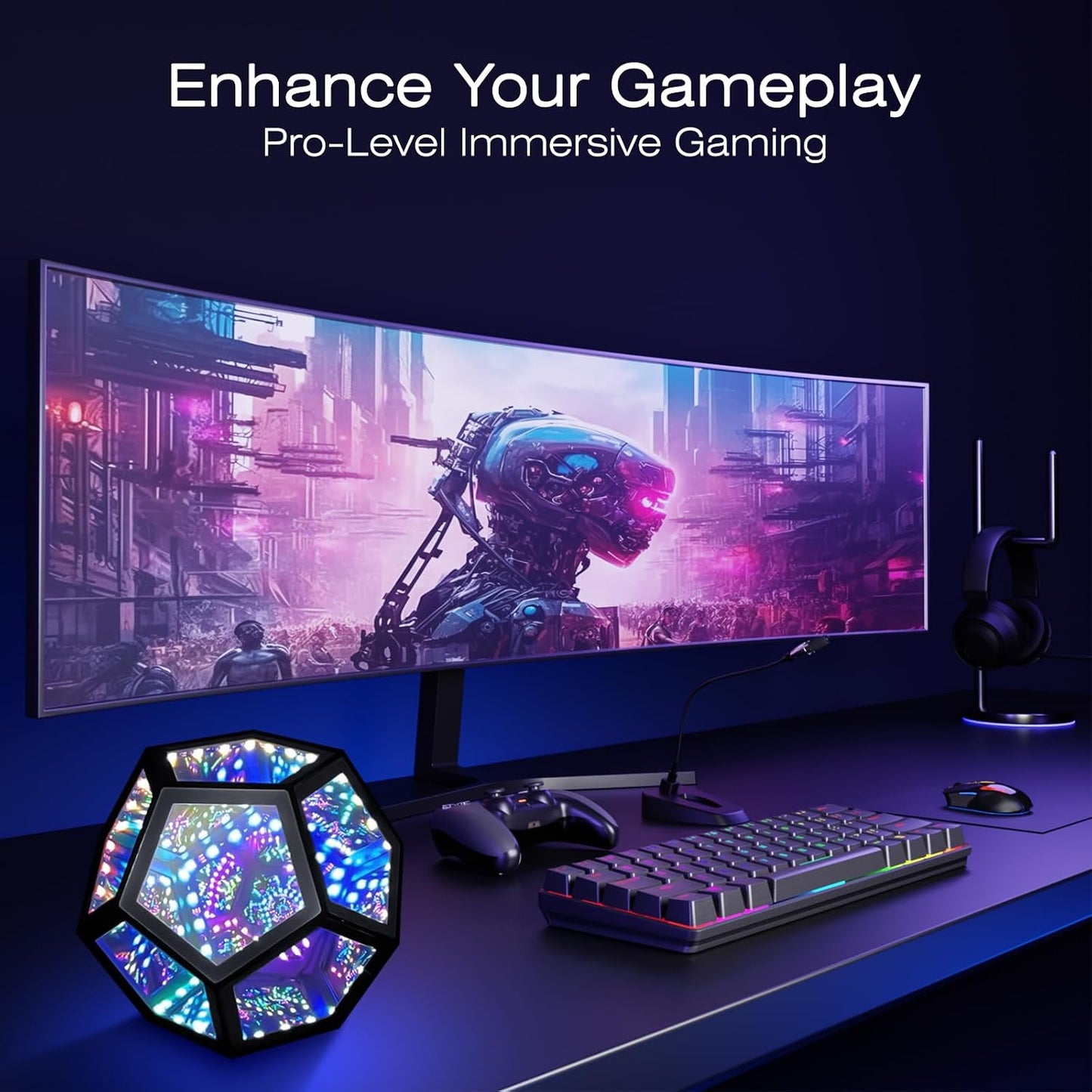MITO Infinity Mirror Light Dodecahedron, RGBW Cube Light Decor for Gaming | Music sync RGBW audio visualizer, 258 Dynamic effects, APP controlled, Multi-scene decor, Portable, Birthday Christmas Gift