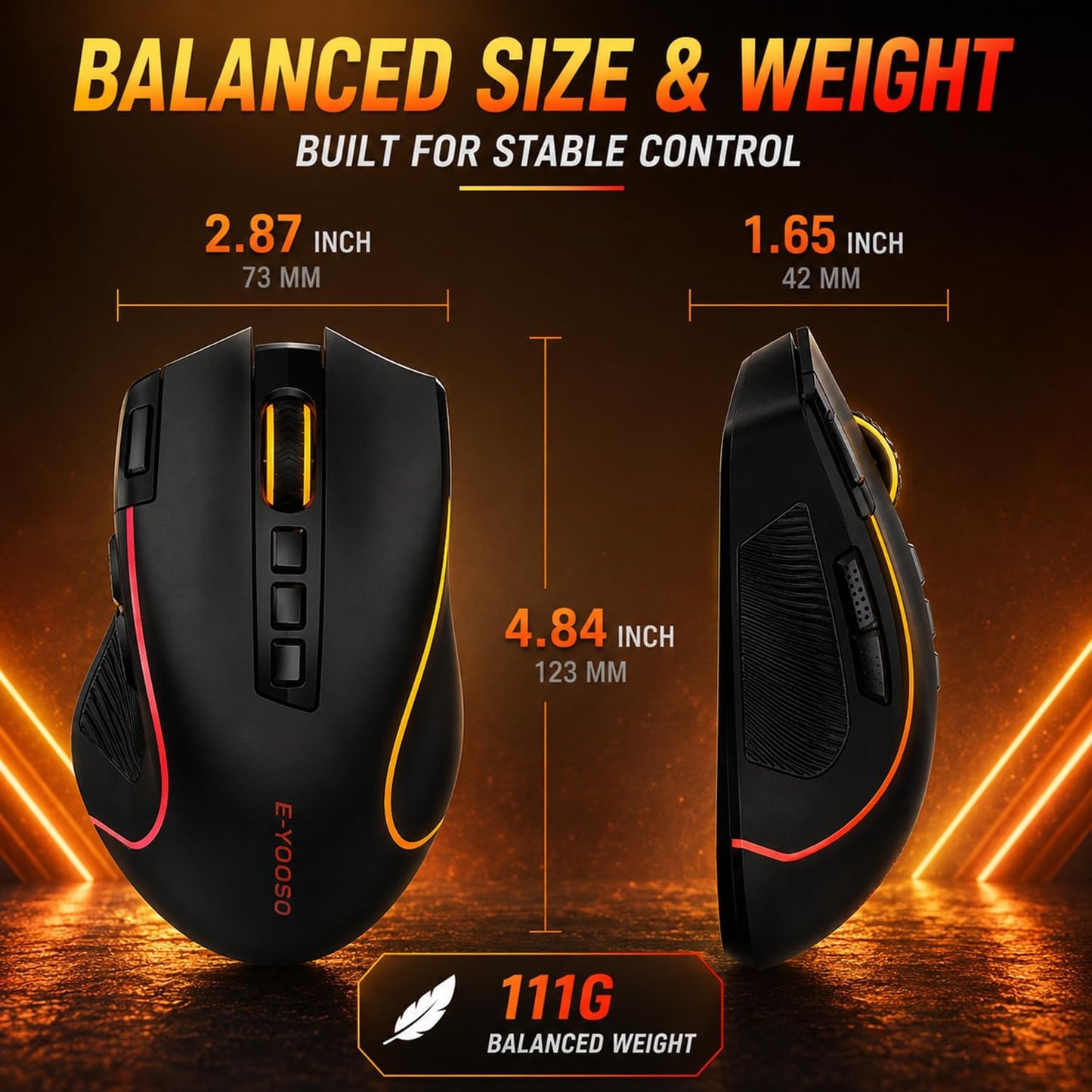 E-YOOSO Ergonomic Wireless Gaming Mouse, Tri-Mode, Rapid Fire Key, 8000 DPI | 9 programmable buttons, 6 RGB modes, 75-hour battery, contoured thumb rest, 1000Hz polling, for right-handed gaming and work