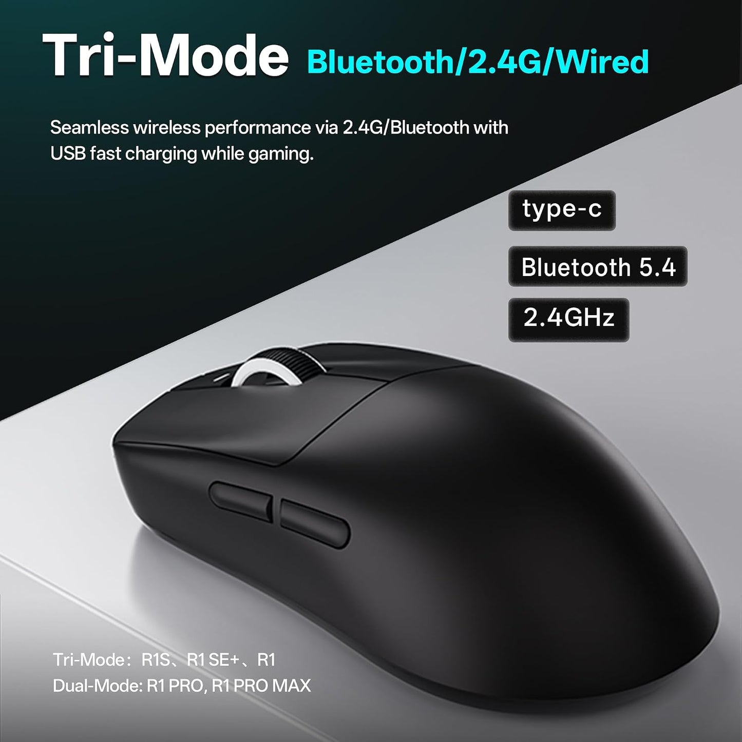 ATK VXE Dragonfly R1 SE+ Wireless Gaming Mouse, PAW3395 SE Sensor, DPI up to 18,000, 55g Lightweight, 70 Hr Battery Life, Tri-Mode 2.4G/Bluetooth/Wired - Black