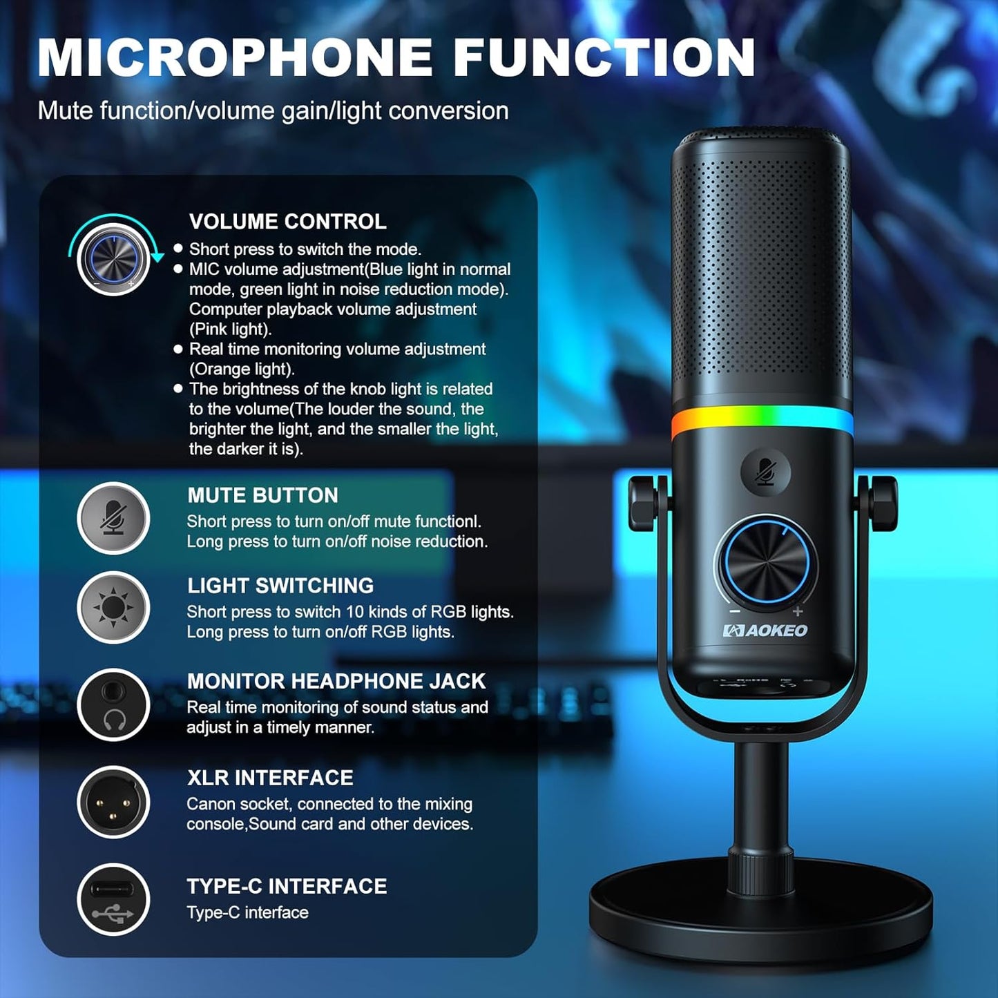 Microphone for PC, AK-10 USB/XLR Dynamic Desktop Microphone for Gaming,Podcast,Streaming with RGB Light,Volume Control,Mute Button,Noise Reduction