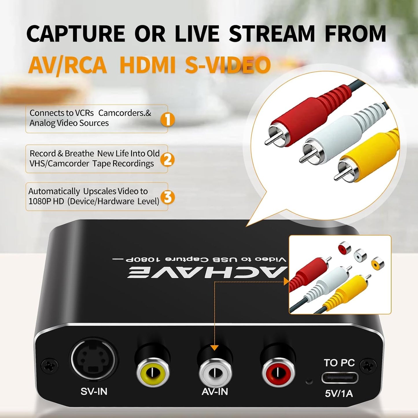 ACHAVE Video to USB Audio Video Capture with HDMI Output,VHS to Digital Converter-Input HDMI, AV, RCA, S-Video, VCR, VHS, Camcorder, Video8, Hi8, DVD, Gaming Systems - USB-C Plug & Play