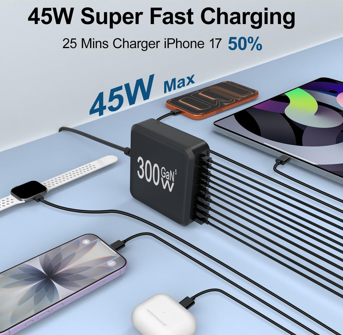USB Charger Station,10 Port USB C Charger Block with 6FT/10FT Cables,300W GaN Type C Charging Hub iPhone Charger Fast Charging for iPhone 17 16 15 Pro Max Plus,Galaxy S25 S24 S23,iPad Pro/Air,Tablet